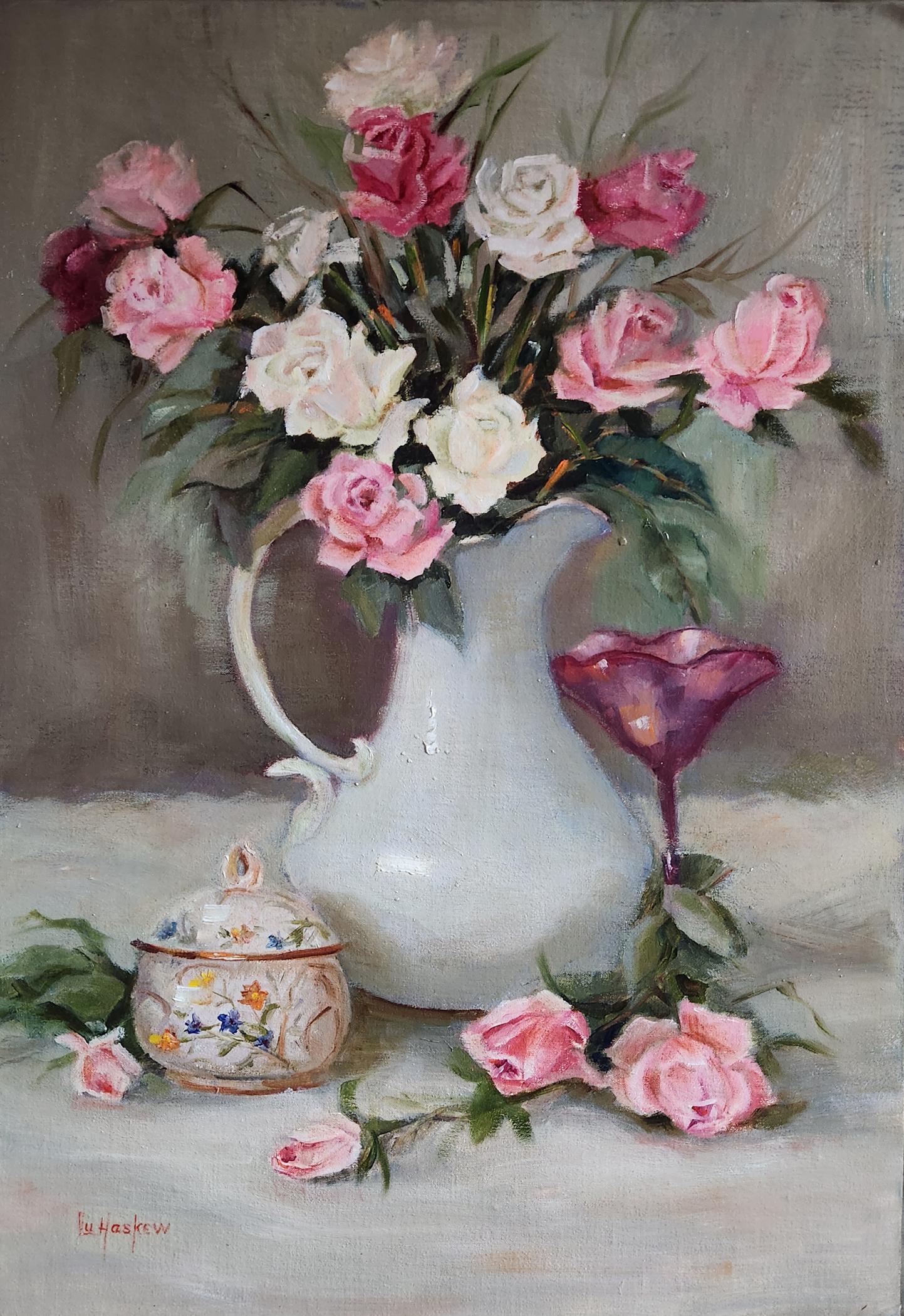 Pink, unframed oil on board, 20X16" still life painting