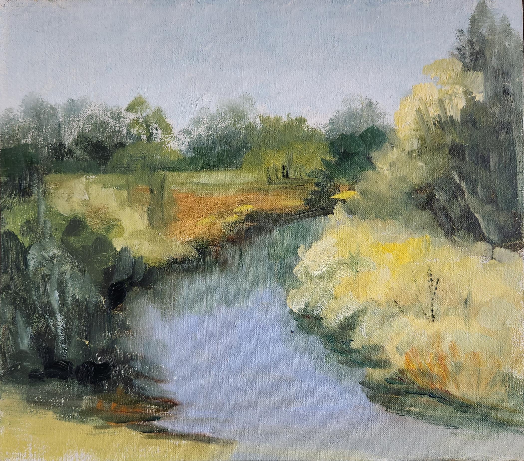 Plein Air Creekside, 8x9" oil on board - Painting by Lu Haskew