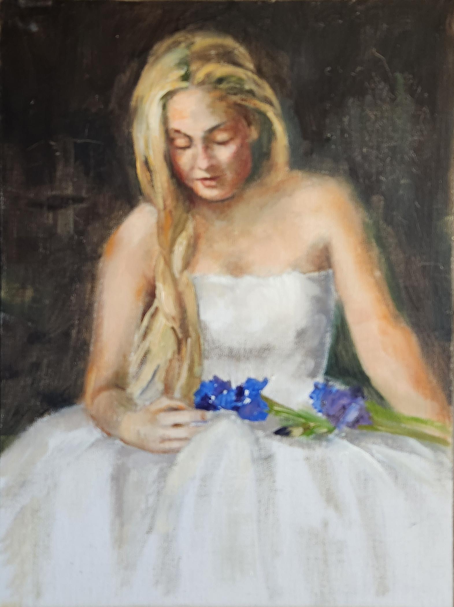 Lu Haskew Figurative Painting - Prom Dress, 15x11" oil on board