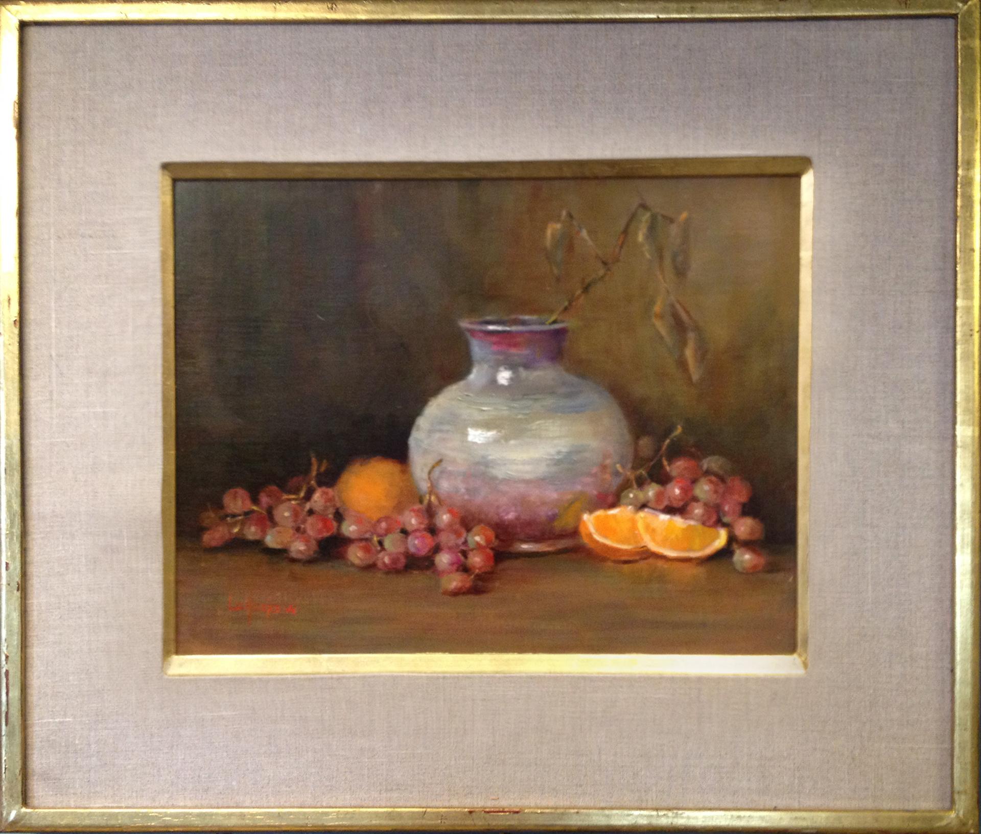 Lu Haskew Interior Painting - Raku Pot with Grapes