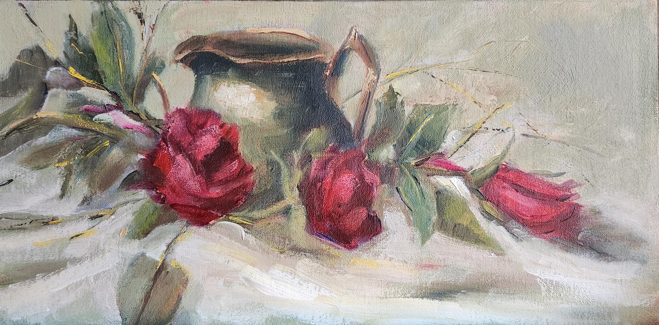 Lu Haskew Still-Life Painting - Rose Trio, 6x12" oil on board