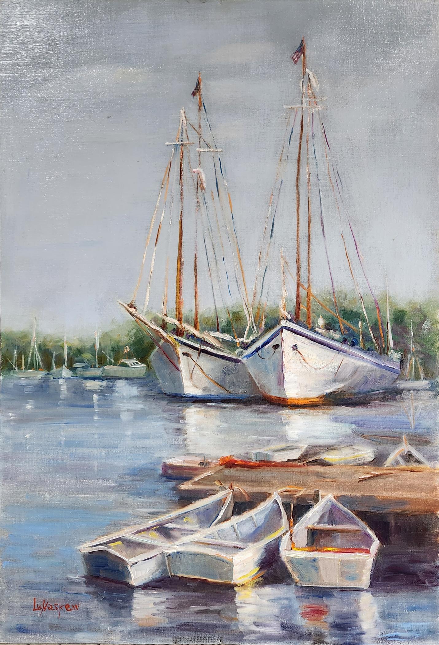 Lu Haskew Landscape Painting – Safe in the Harbor, ungerahmtes Öl auf Karton, 30x20"