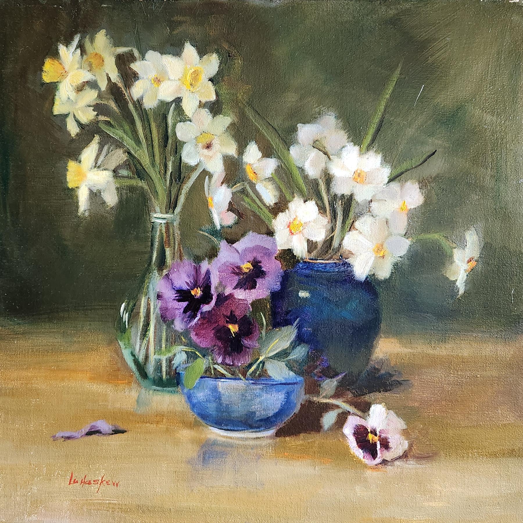 Lu Haskew Still-Life Painting - Small Bouquets - 16x16" oil on board