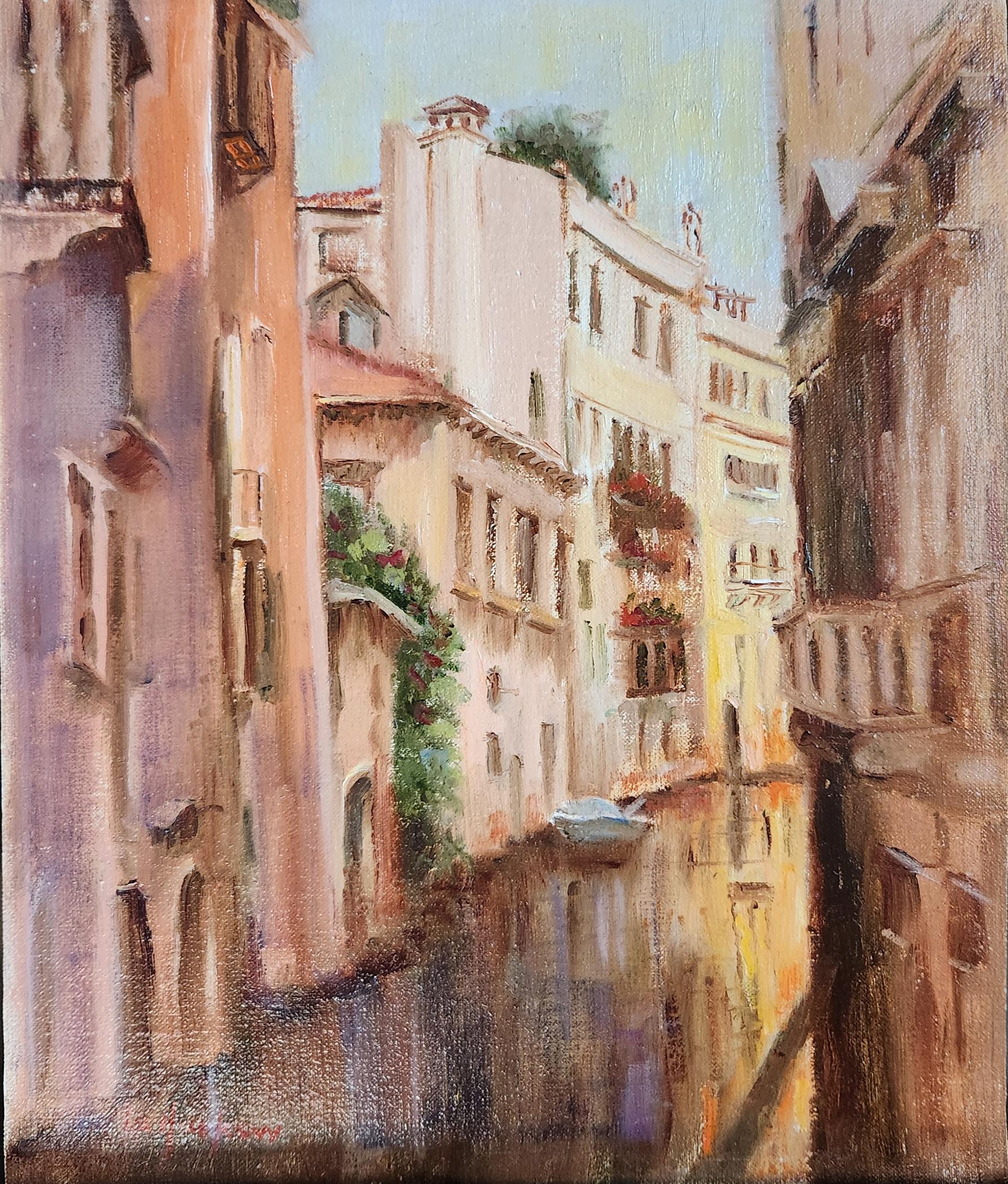 Splash of Light, Italie, 10x8" huile sur carton - Painting de Lu Haskew