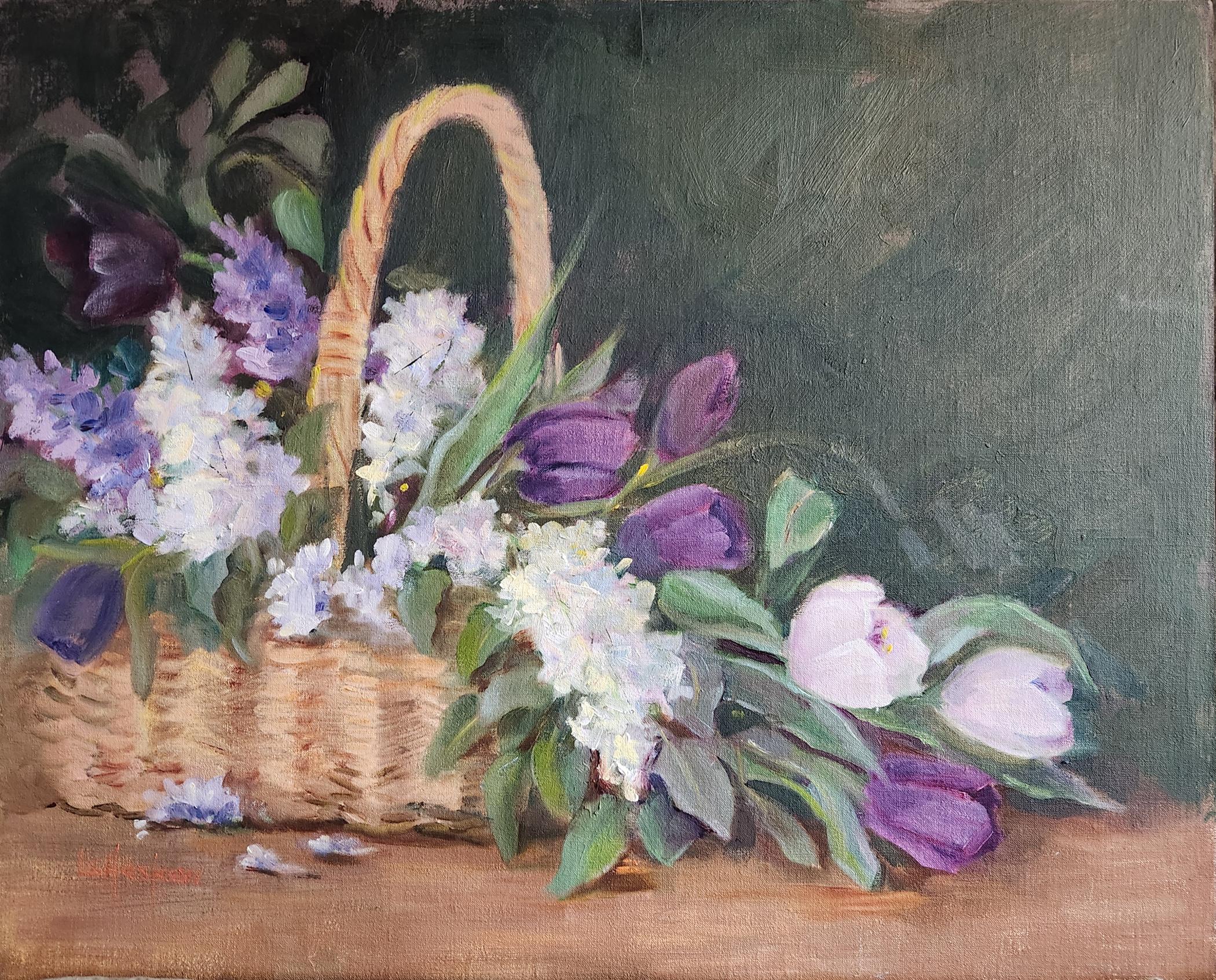 Stylish Basket, unframed oil on board, 16x20 - Painting by Lu Haskew