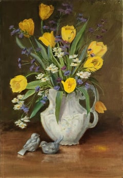 Sun Gold in Vase, olio su tavola non incorniciato, natura morta 24x16