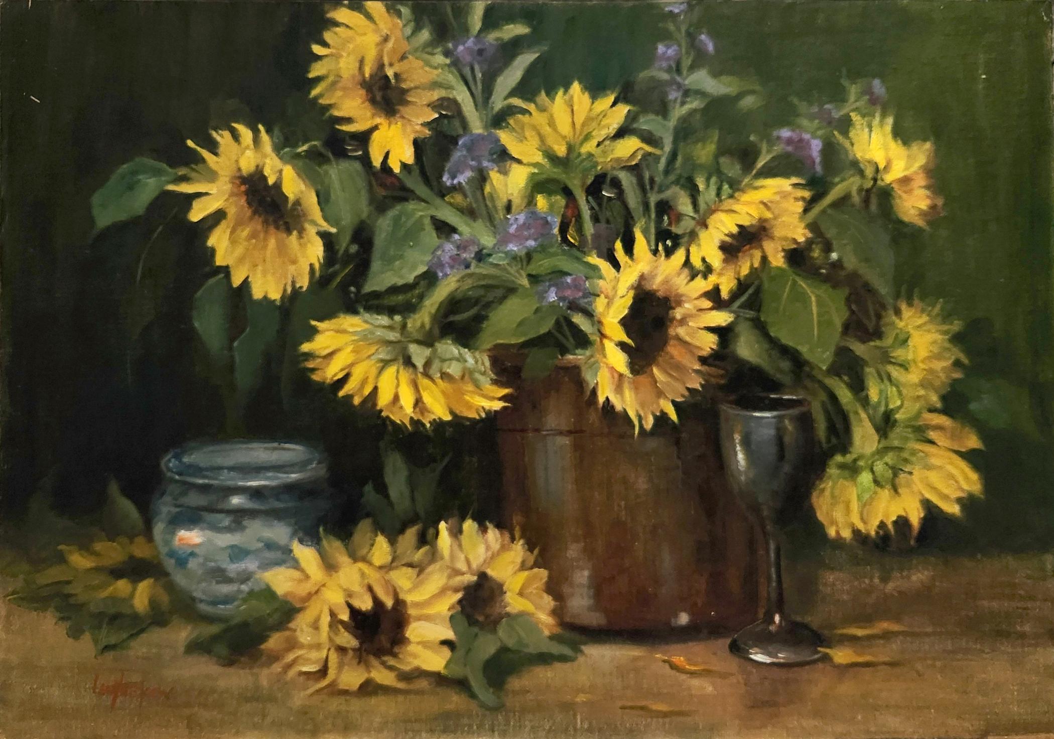 Sunflowers Friendship, unframed oil on board, 16x24" still life painting