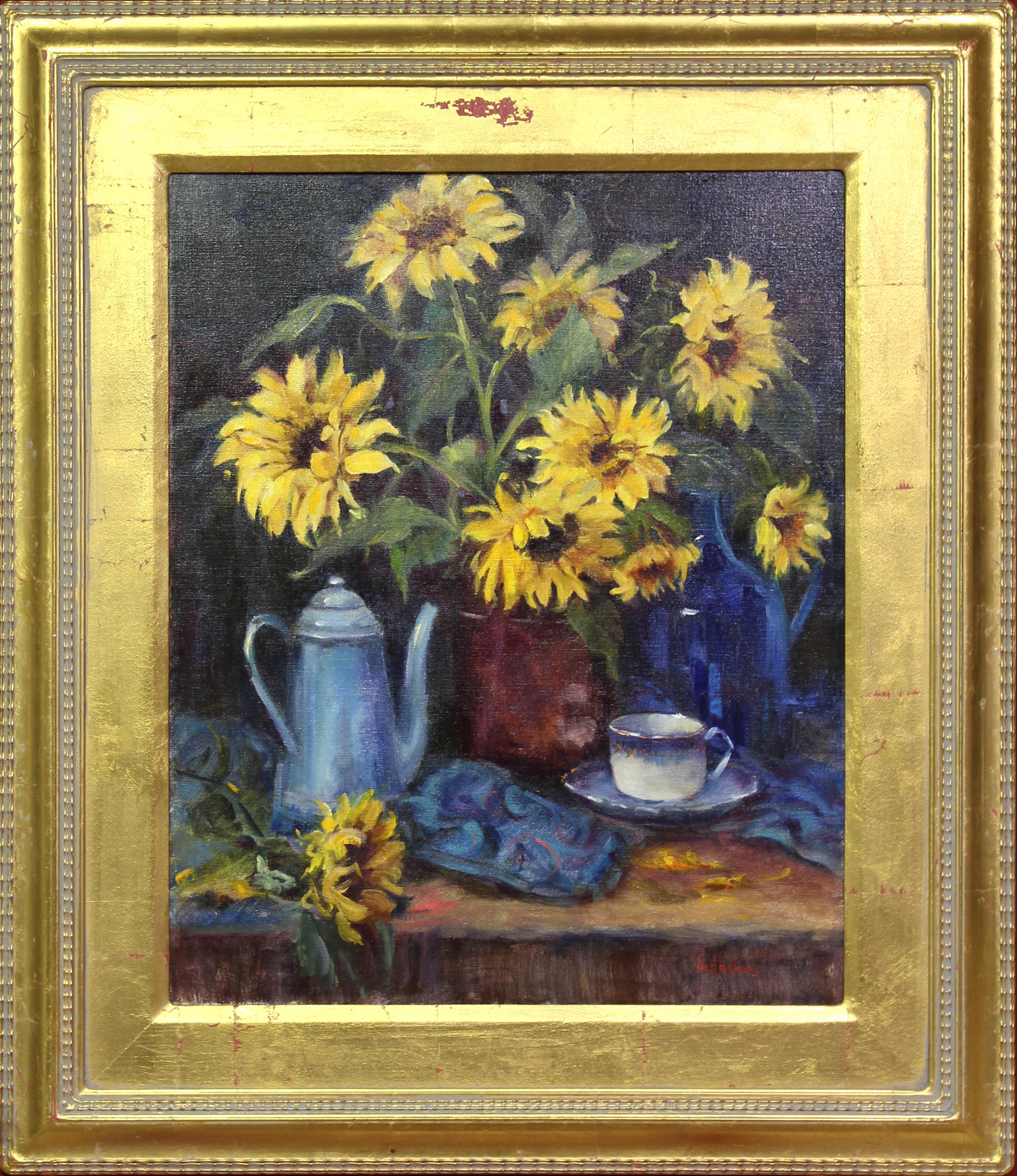Lu Haskew Still-Life Painting - Sunflowers in Blues
