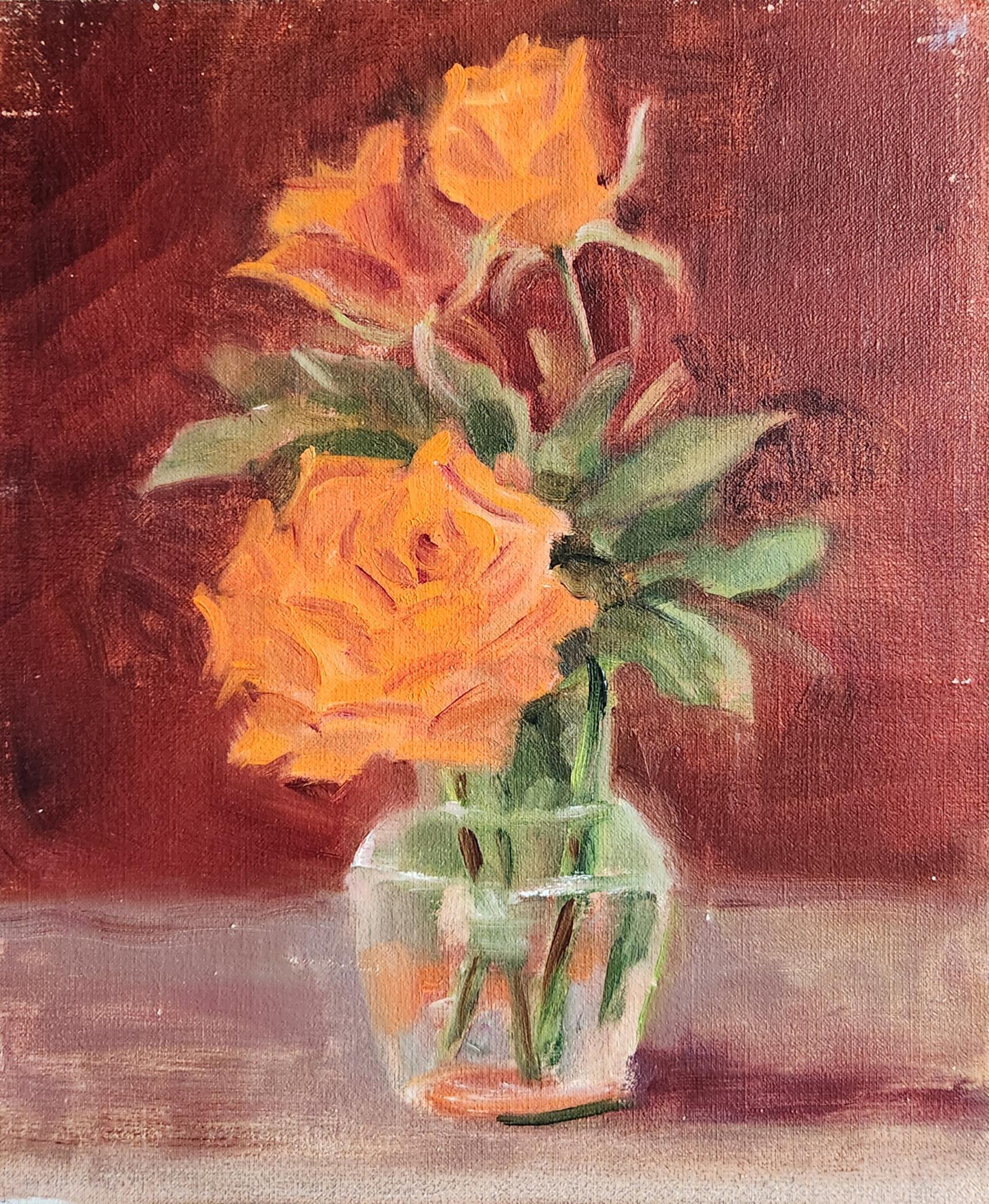 Sweet Roses, 10x8" oil on board - Painting by Lu Haskew