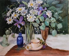 Teacup and Iris, unframed oil on board, 16x20"