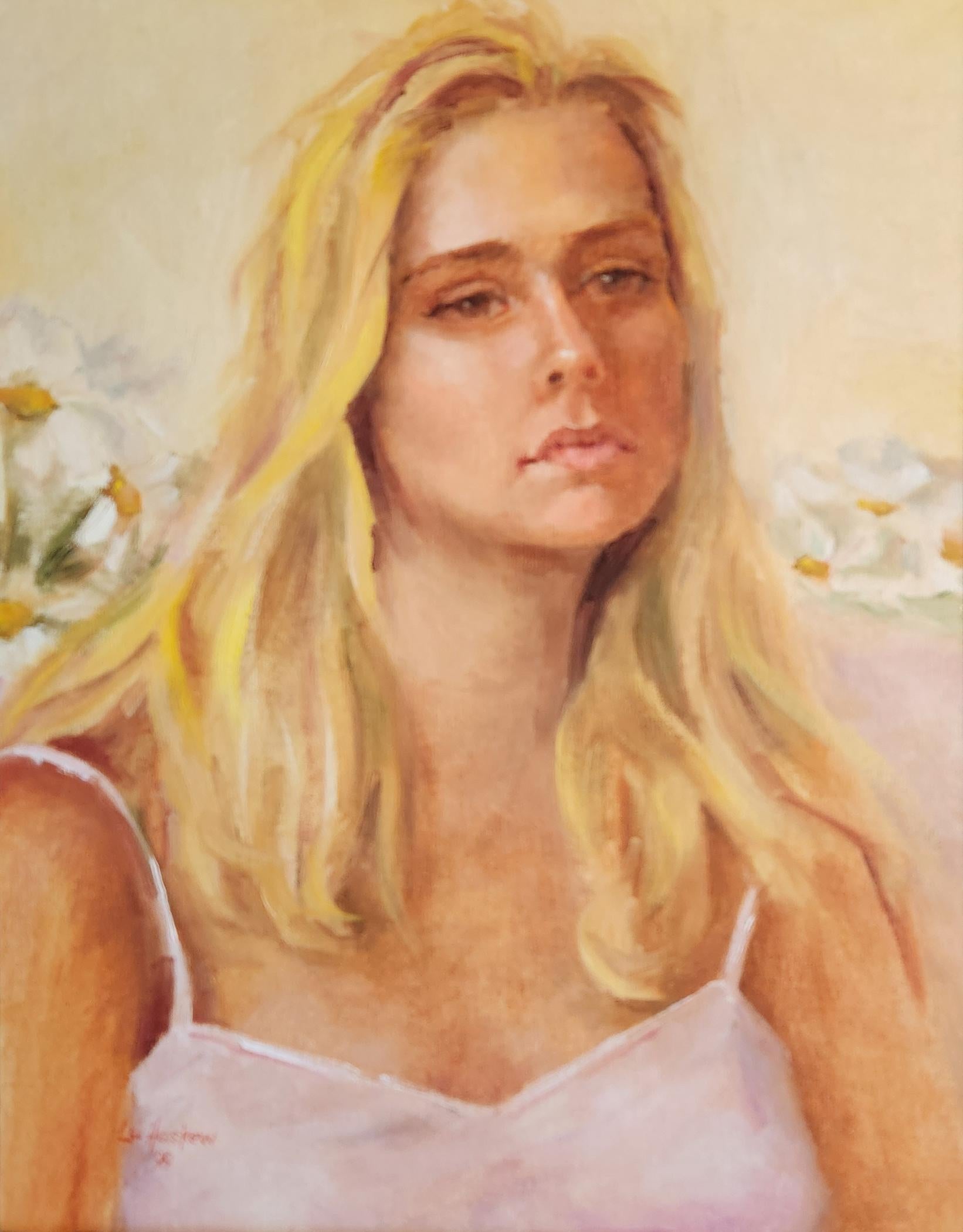 Lu Haskew Portrait Painting – The Blonde Neighbor, 16x12", Öl auf Karton
