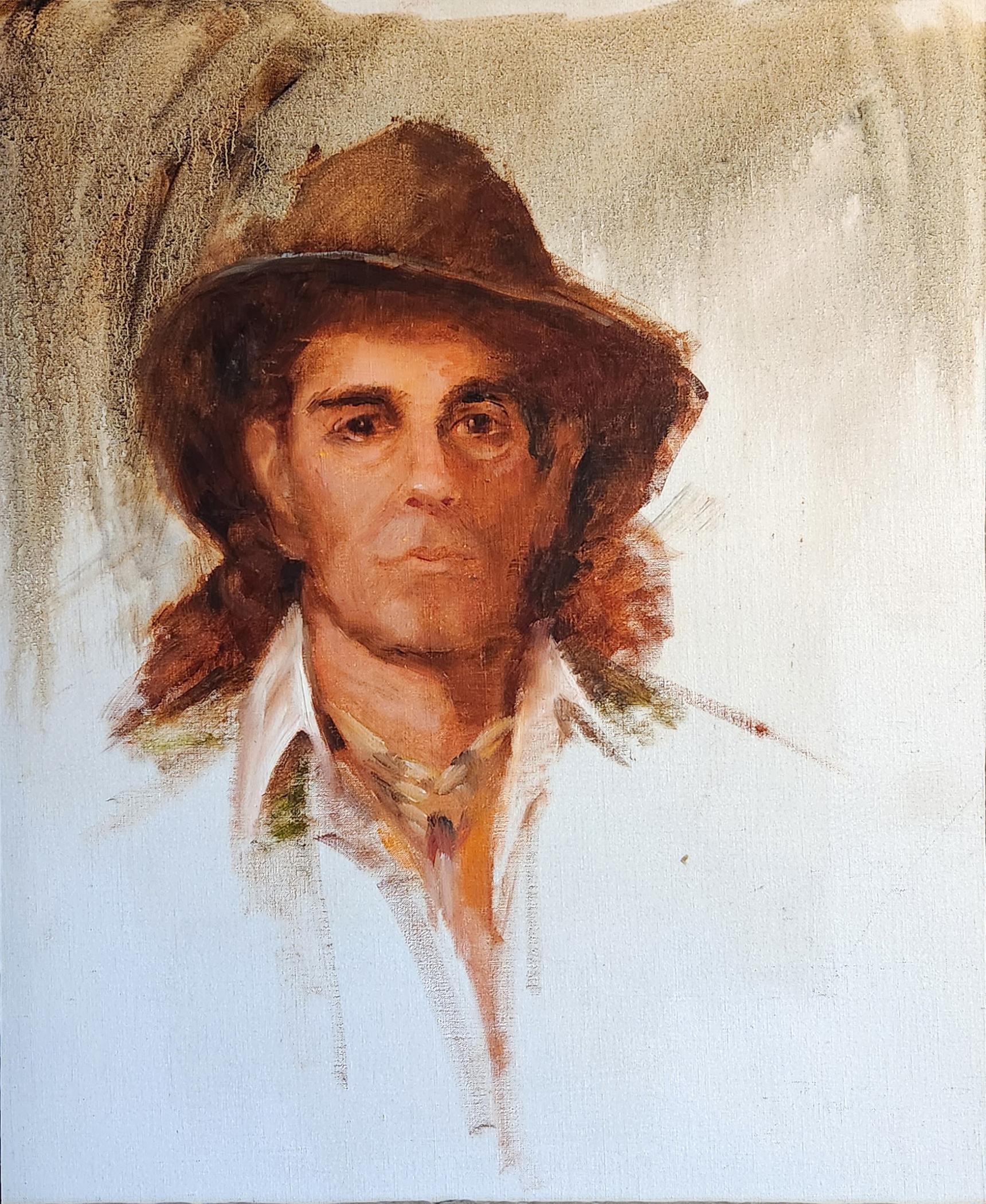 Lu Haskew Figurative Painting - The Hat, 20x16" oil on board