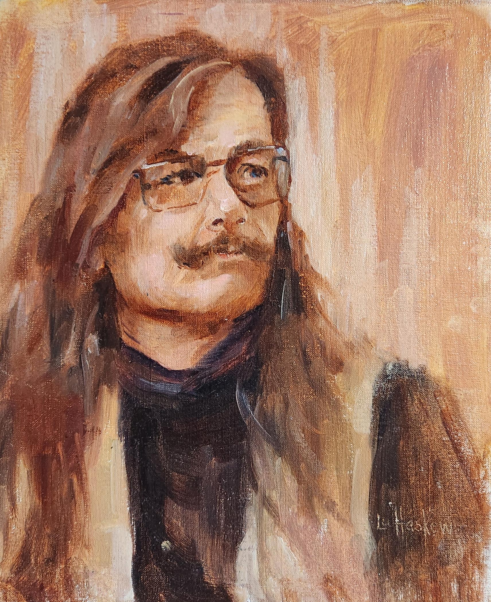 Figurative Painting Lu Haskew - The Mustache, 10x8" huile sur carton