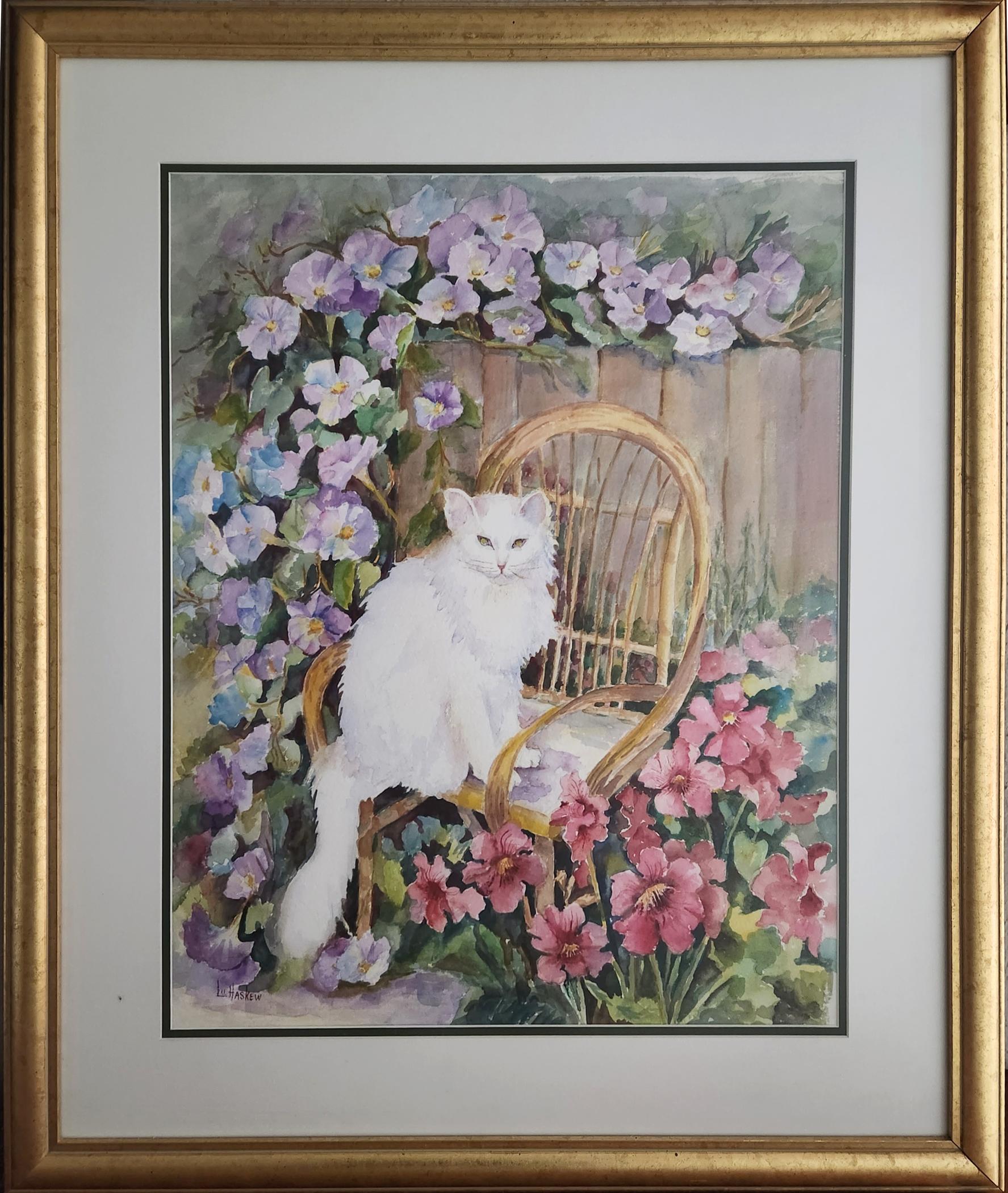 Lu Haskew Animal Painting - White Cat & Morning Glories, 23x18" watercolor