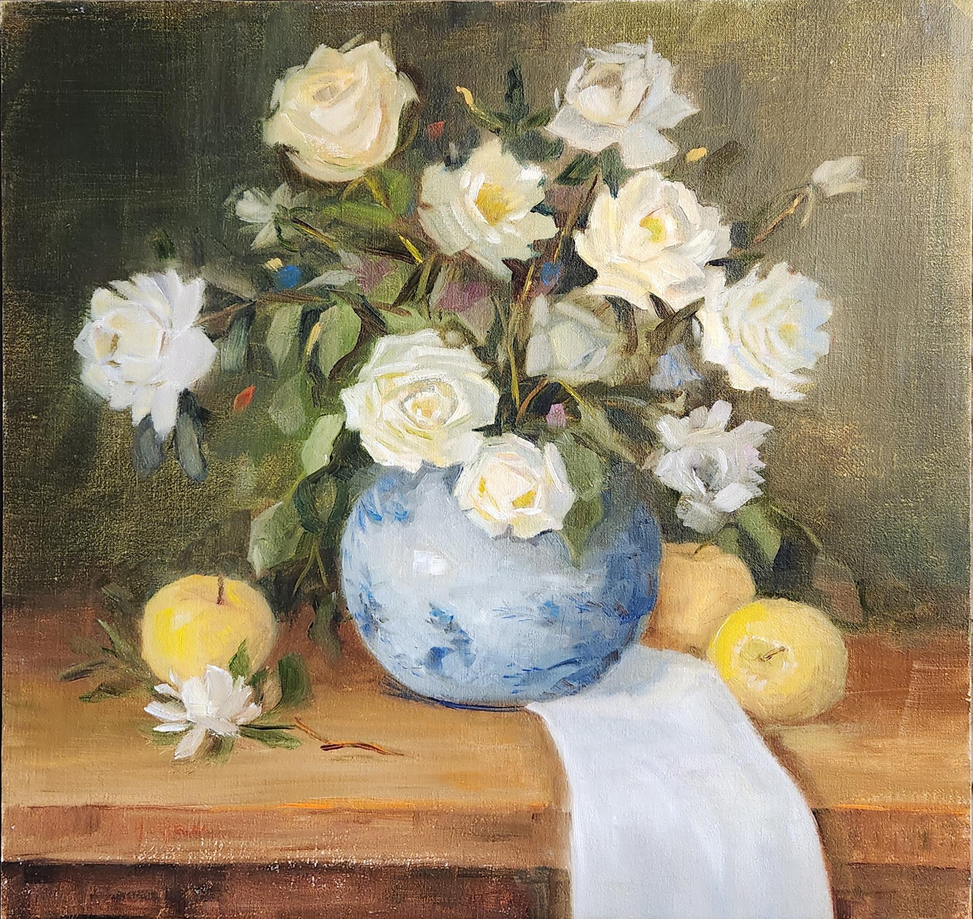 White Roses, Apples and Blue Vase, unframed oil on board, 16x16" - Painting by Lu Haskew