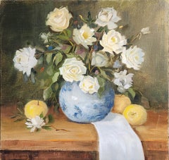 White Roses, Apples and Blue Vase, unframed oil on board, 16x16"