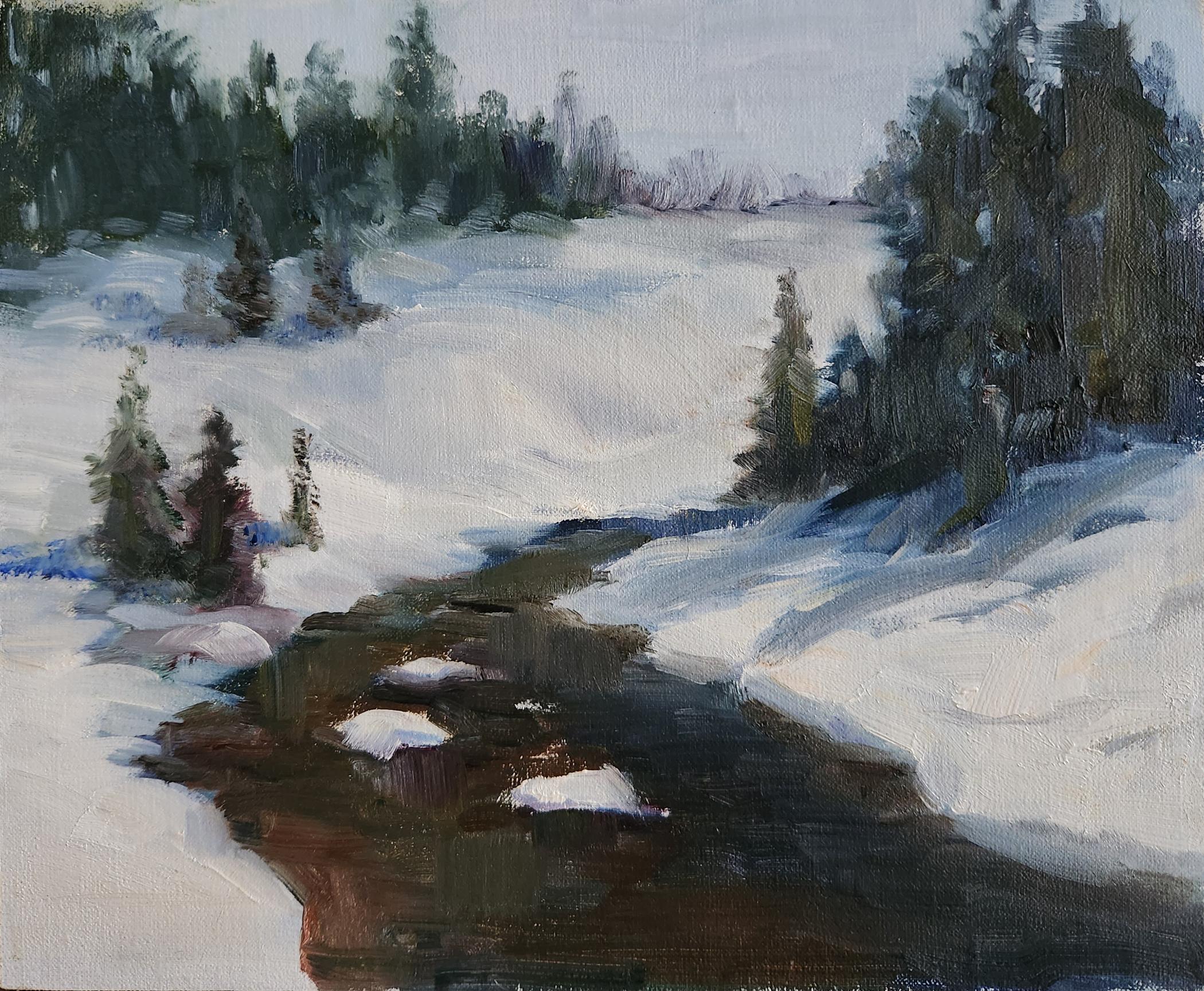 Winter Fresh, 8x10" oil on board - Painting by Lu Haskew