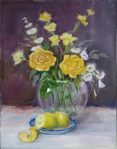 Roses jaunes et citron huile sur carton non encadrée, 16x12".