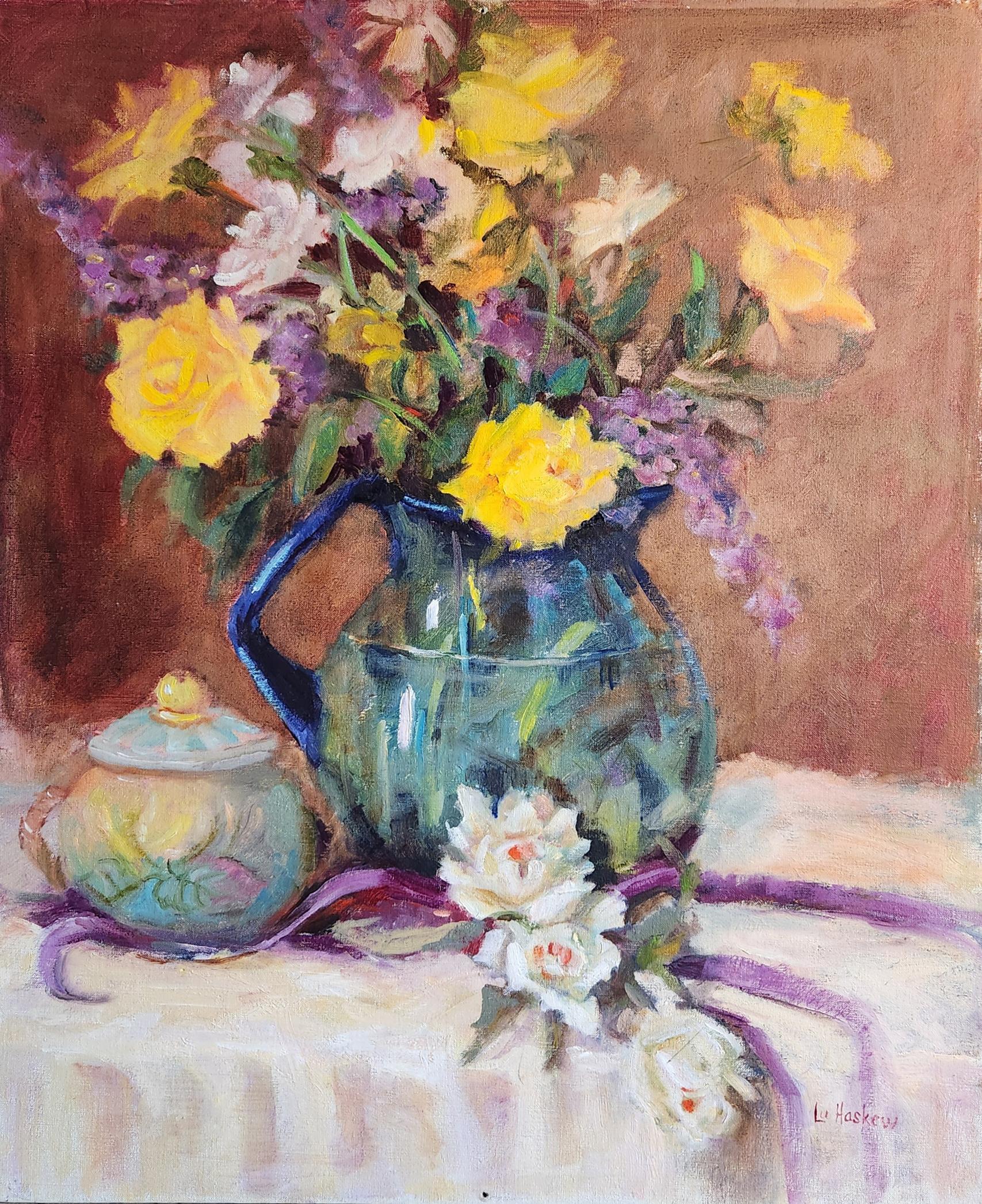 Yellow Roses, Blue Pitcher, unframed oil on board, 20X16" still life painting