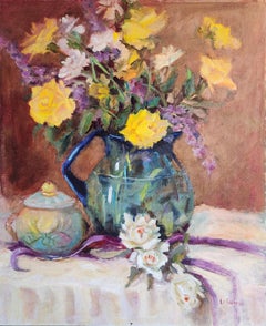 Roses jaunes, pichet bleu, huile sur carton non encadrée, 20X16" peinture de nature morte