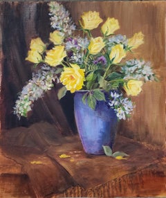 Yellow Roses, unframed oil on board, 24x20" still life painting