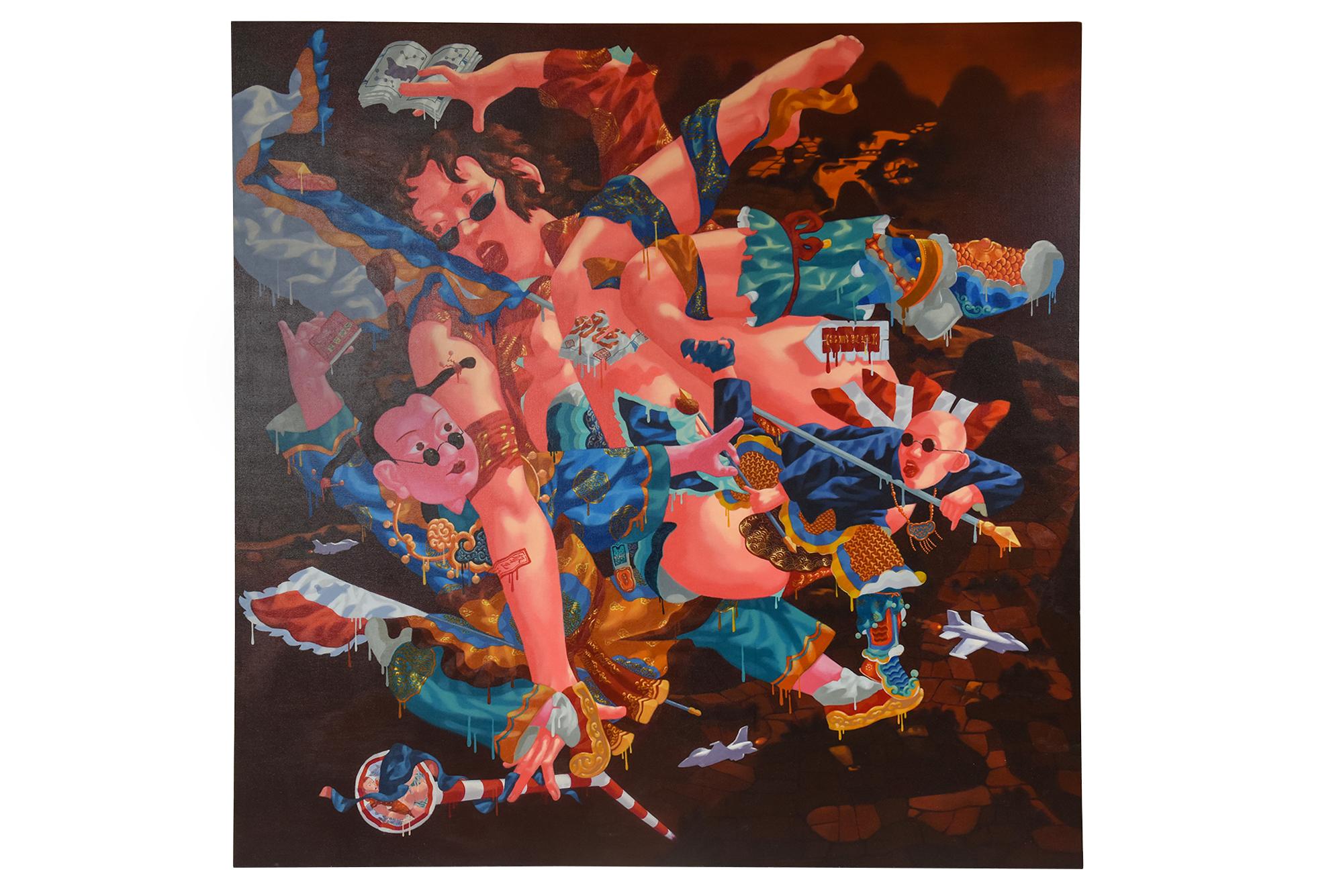 This large and colorful acrylic painting by the noted artist and painter Lu Peng is titled 