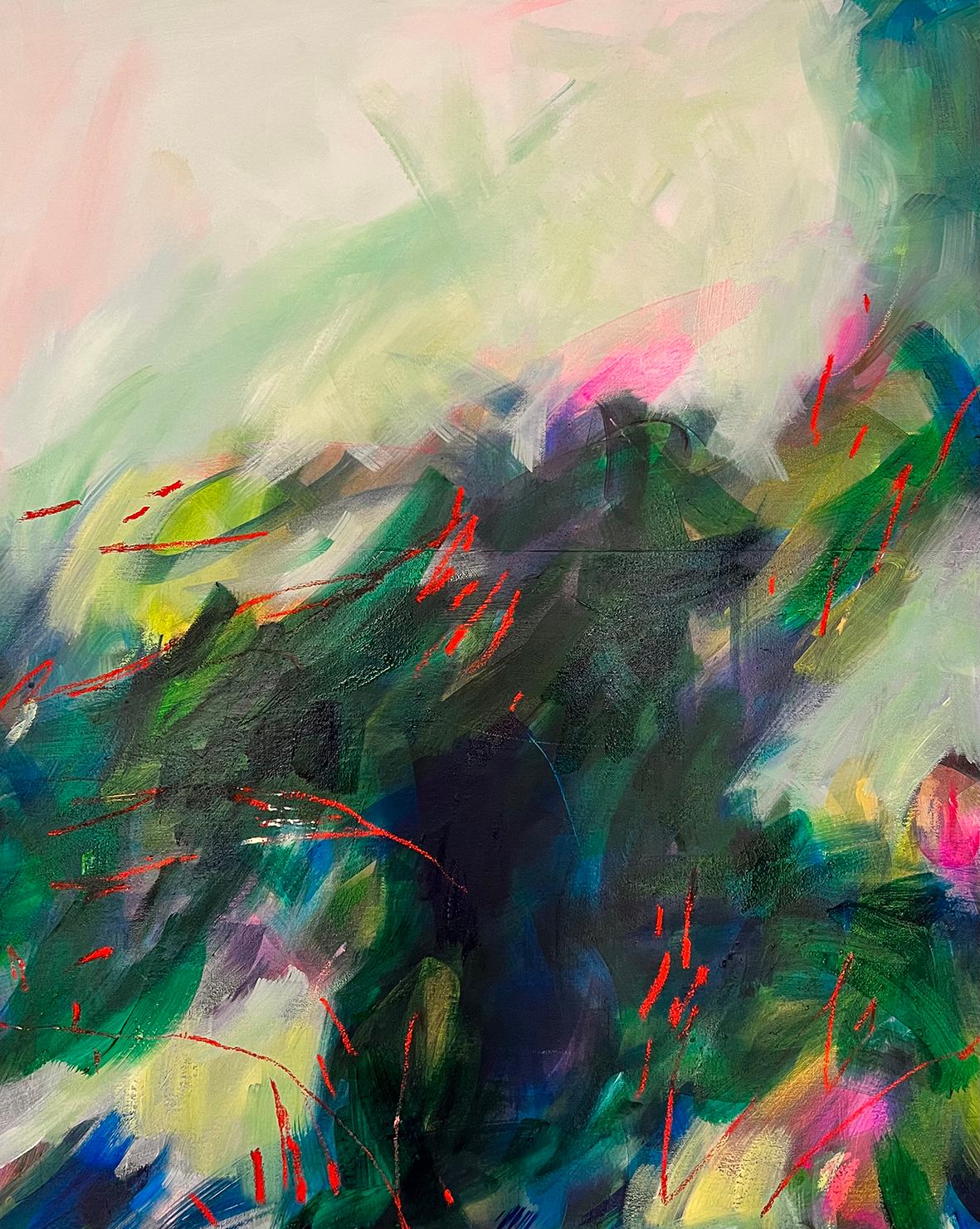 Inspirada en las praderas salvajes, captura la belleza indómita y la vida vibrante de estos paisajes naturales. Este cuadro original al óleo y acrílico presenta una exuberante gama de colores, con tonos verdes que representan la rica variedad de