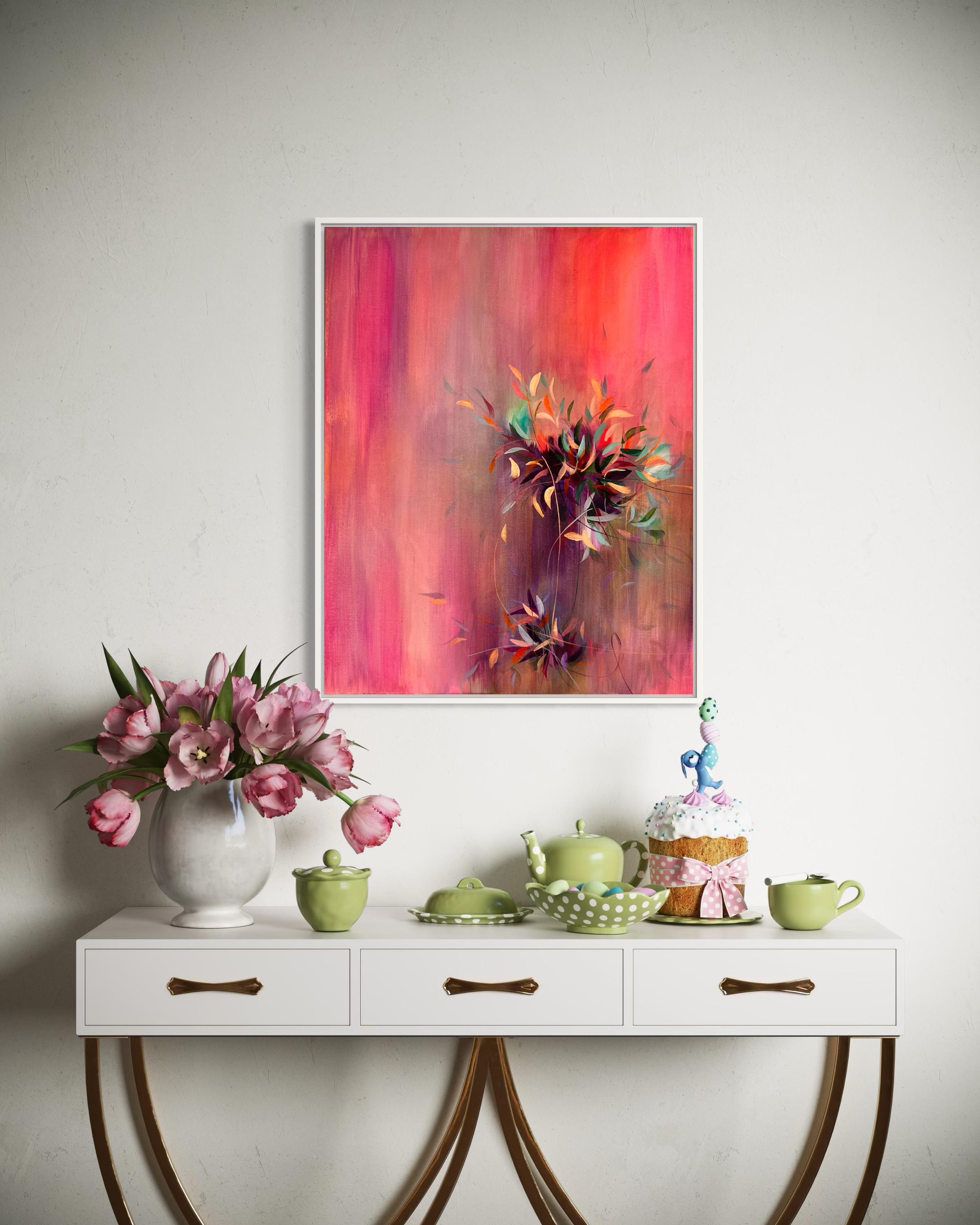 Summer Bloom I fängt die Essenz von Wildblumen und zarten Gräsern ein und vermischt sie mit leuchtenden Rosa-, Violett- und Blautönen. Die Blumen sind mit lockeren, ausdrucksstarken Pinselstrichen gemalt, die ein Gefühl von Spontaneität und