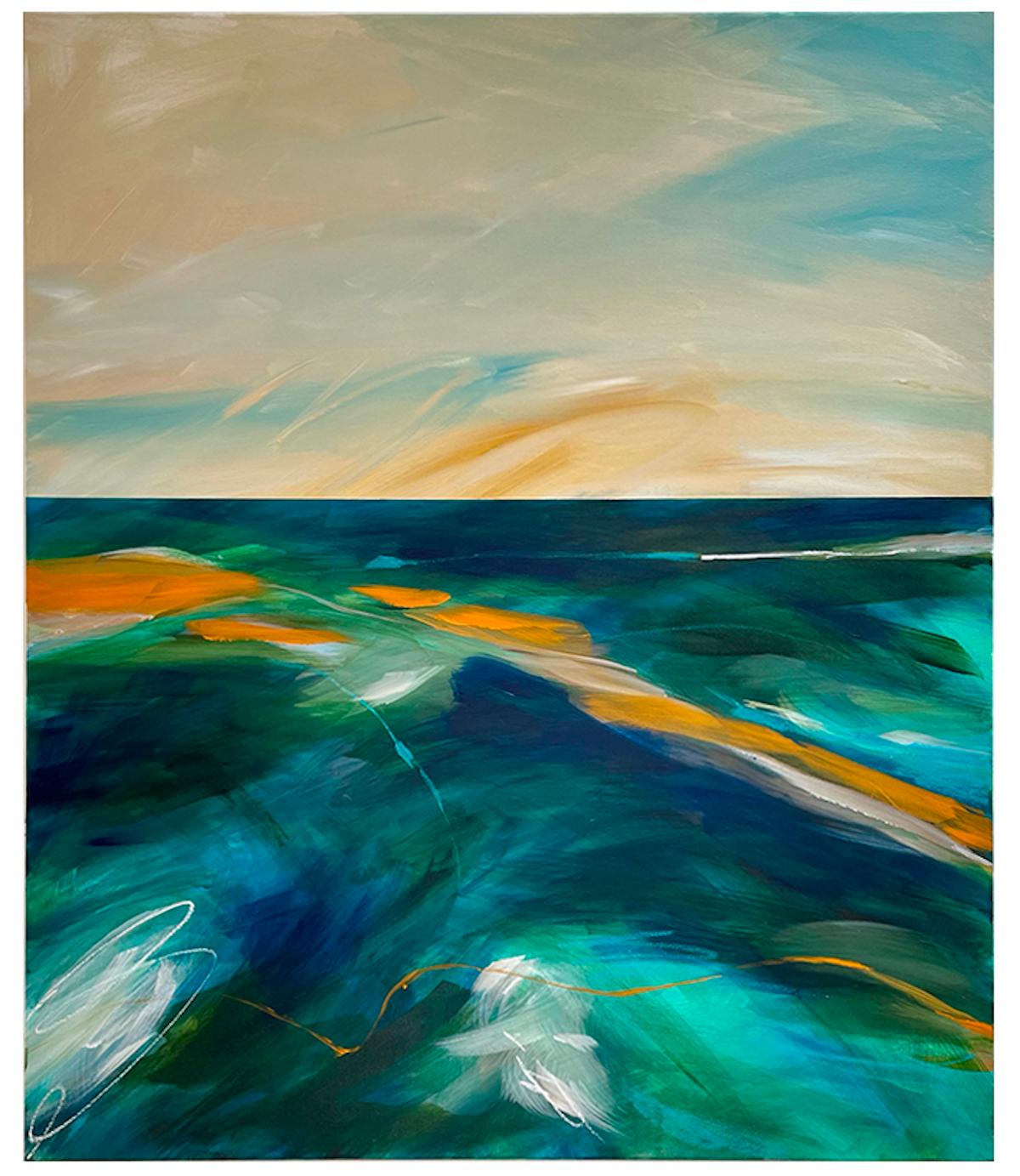 Abstract Painting Luana Asiata - The Causeway, peinture abstraite originale de paysage marin, écume d'eau noire dans l'Essex