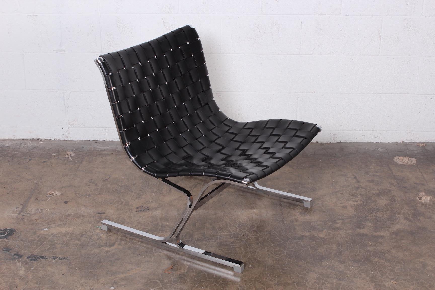 A nicely patinated leather strap 'Laura' lounge chair designed by Ross Littell for ICF.
