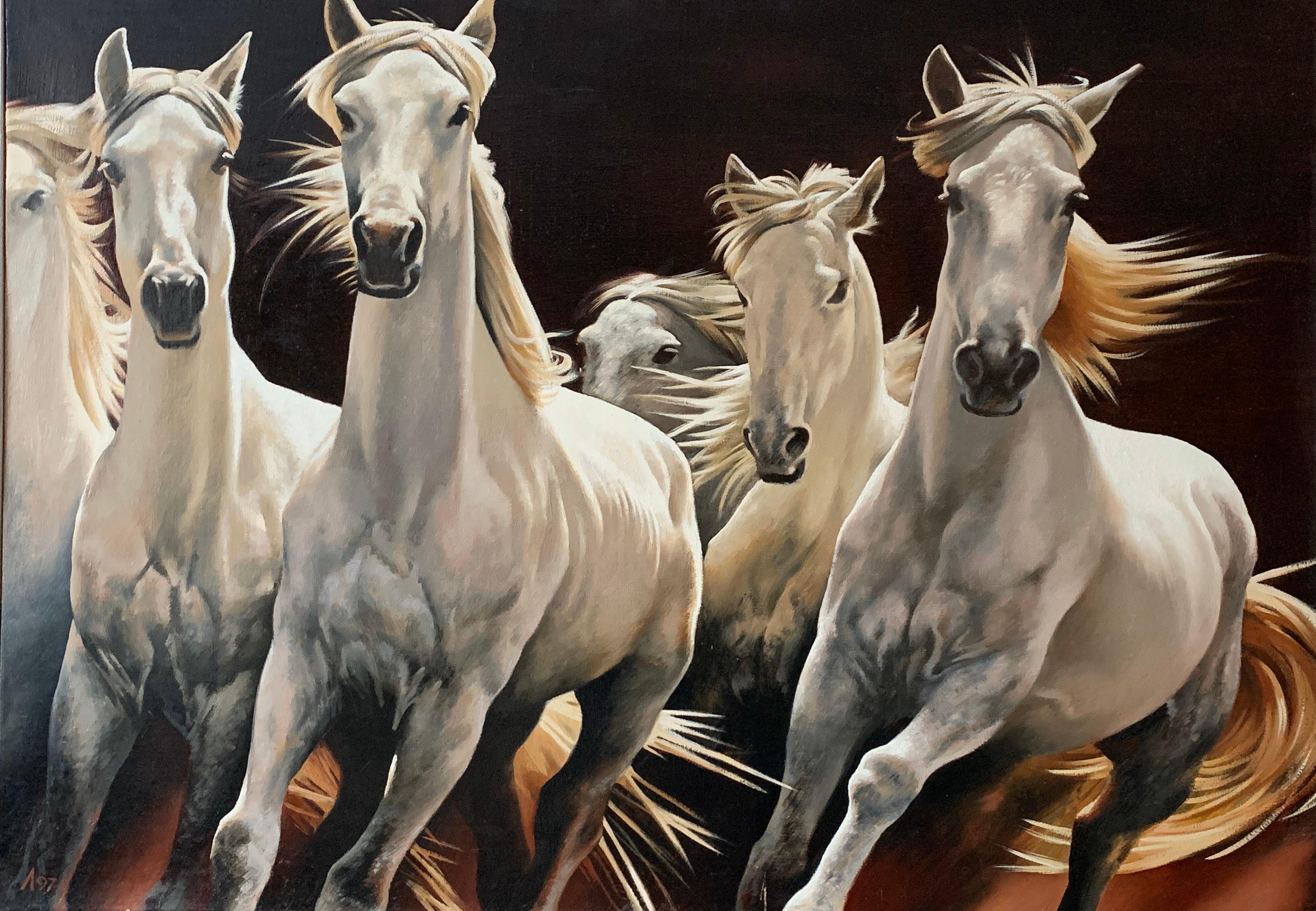 Lubov Bazanova Animal Painting – White Horses Running Free, großes russisches, signiertes Ölgemälde auf Leinwand