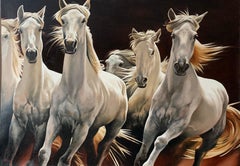 White Horses Running Free Large Russian Signed Oil Painting on Canvas