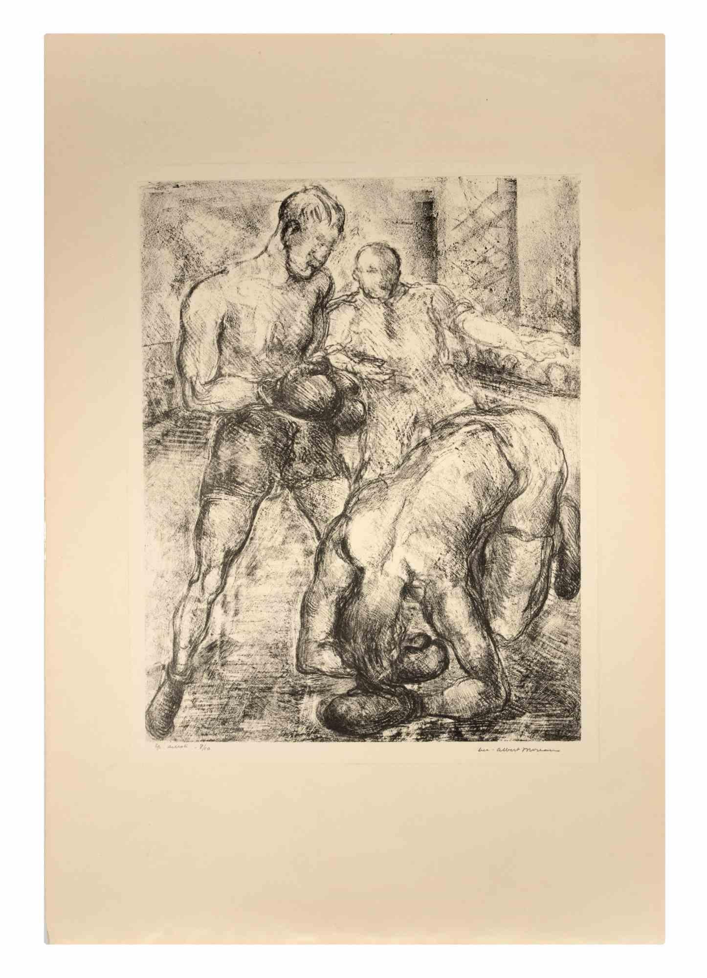 Boxeurs ist eine Lithographie auf elfenbeinfarbenem Papier von Luc Albert Moreau.

Das Kunstwerk ist in gutem Zustand.

Handsigniert in der rechten unteren Ecke, nummeriert auf der linken Seite.

Luc-Albert Moreau (1882-1948) ist ein französischer