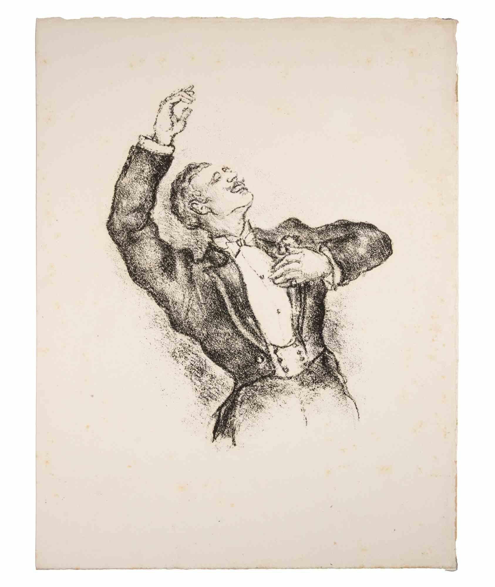 Elegant Man ist eine Lithographie auf elfenbeinfarbenem Papier, die von Luc Albert Moreau realisiert wurde.

Das Kunstwerk ist in gutem Zustand, inklusive eines weißen Passepartouts aus Karton (50x32,5 cm).

Nicht unterzeichnet.

Luc-Albert Moreau