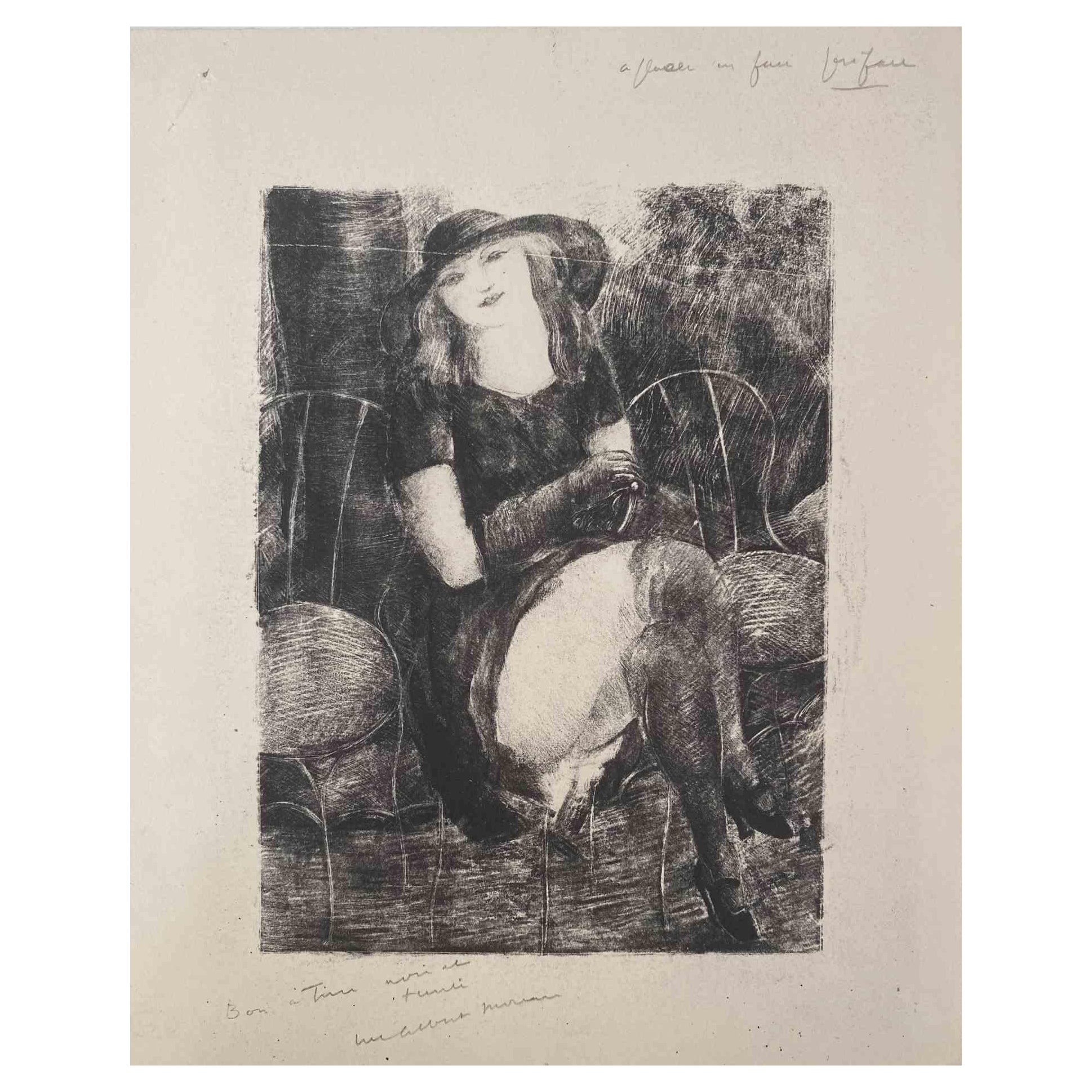 Lady in Saloon – Originallithographie von Luc-Albert Moreau – Lady in Saloon, frühes 20. Jahrhundert
