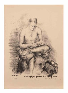 Homme assis - Lithographie de Luc-Albert Moreau - Début du 20e siècle