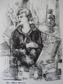 Peintre avec sculpture africaine - Lithographie sur pierre, 1930