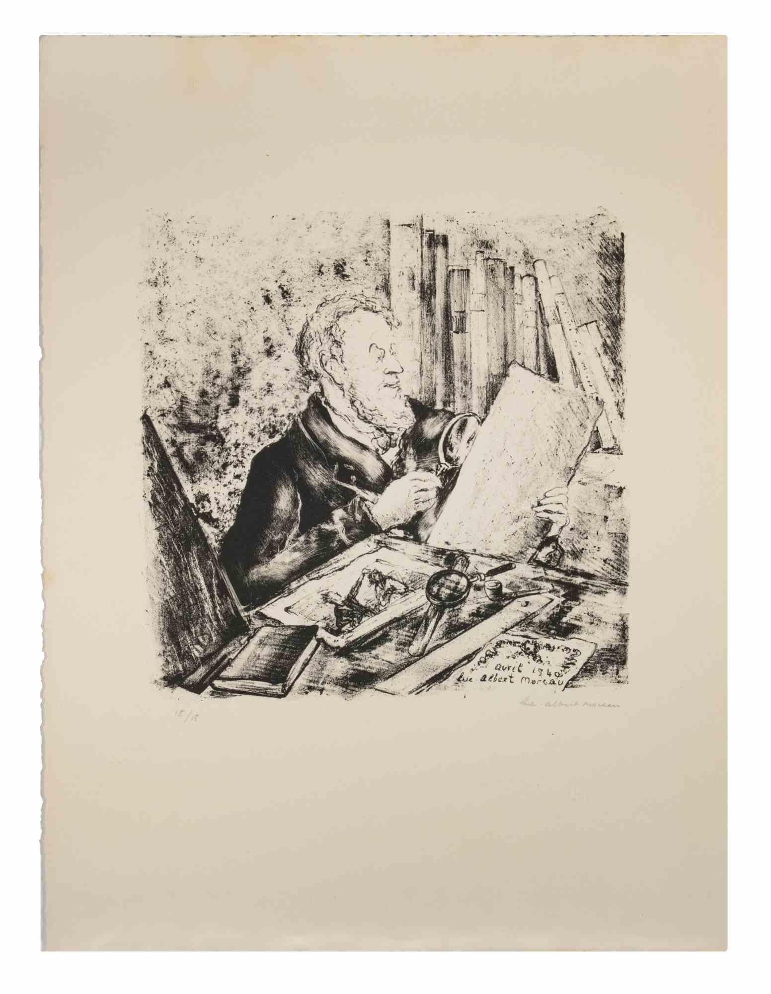 Das Porträt eines Mannes ist eine Lithographie auf elfenbeinfarbenem Papier von Luc Albert Moreau aus dem Jahr 1940.

Das Kunstwerk ist in gutem Zustand.

Handsigniert und datiert in der rechten unteren Ecke, nummeriert auf der linken