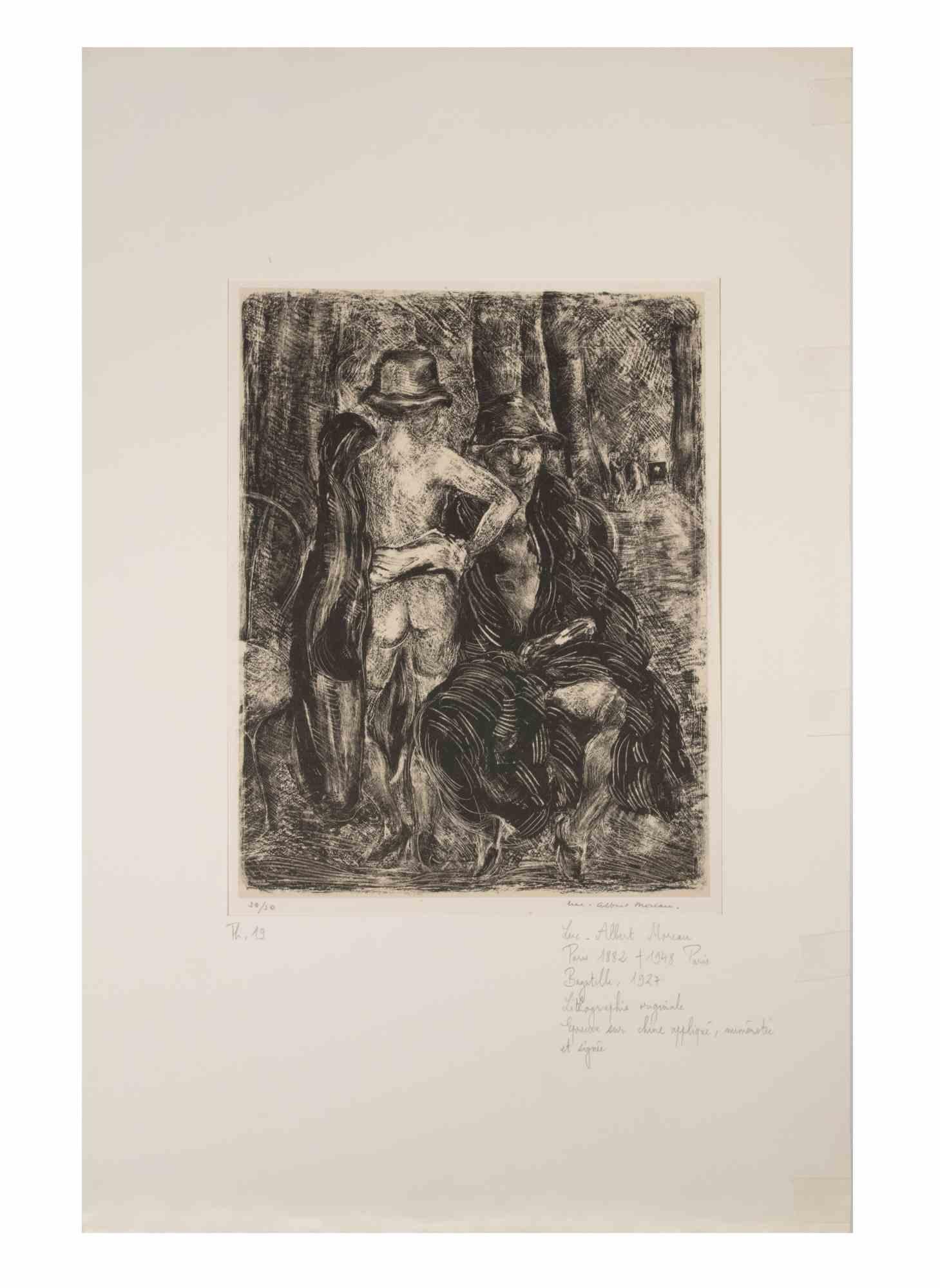 Zwei Figuren ist eine Lithographie auf elfenbeinfarbenem Papier von Luc Albert Moreau aus dem Jahr 1927.

Das Kunstwerk ist in gutem Zustand, inklusive eines weißen Passepartouts aus Karton (50x32 cm).

Handsigniert in der rechten unteren Ecke,