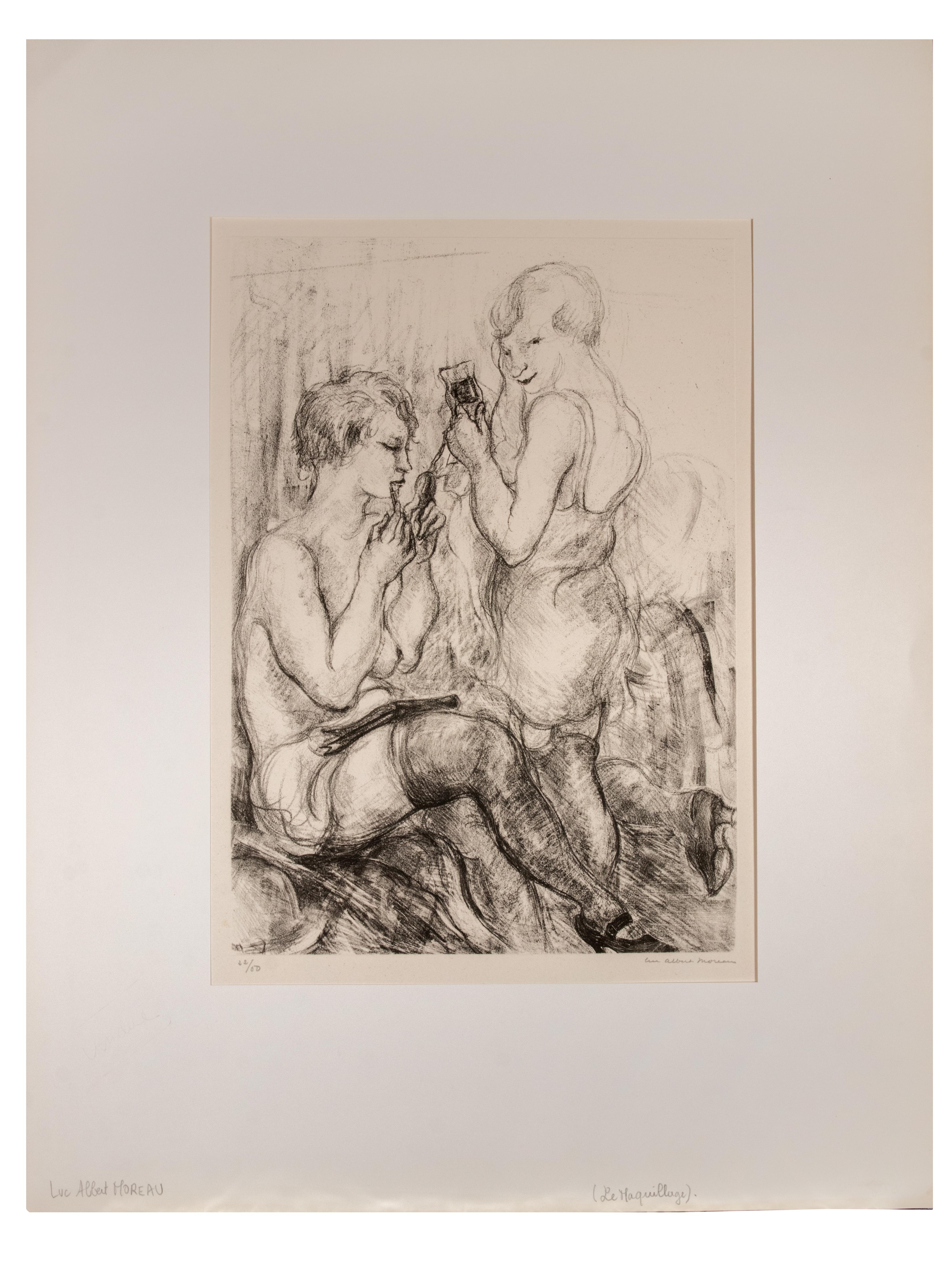 Zwei Frauen ist eine Lithographie auf elfenbeinfarbenem Papier von Luc Albert Moreau.

Das Kunstwerk ist in gutem Zustand, inklusive eines weißen Passepartouts aus Karton (64,5x50 cm).

Handsigniert in der rechten unteren Ecke, nummeriert auf der