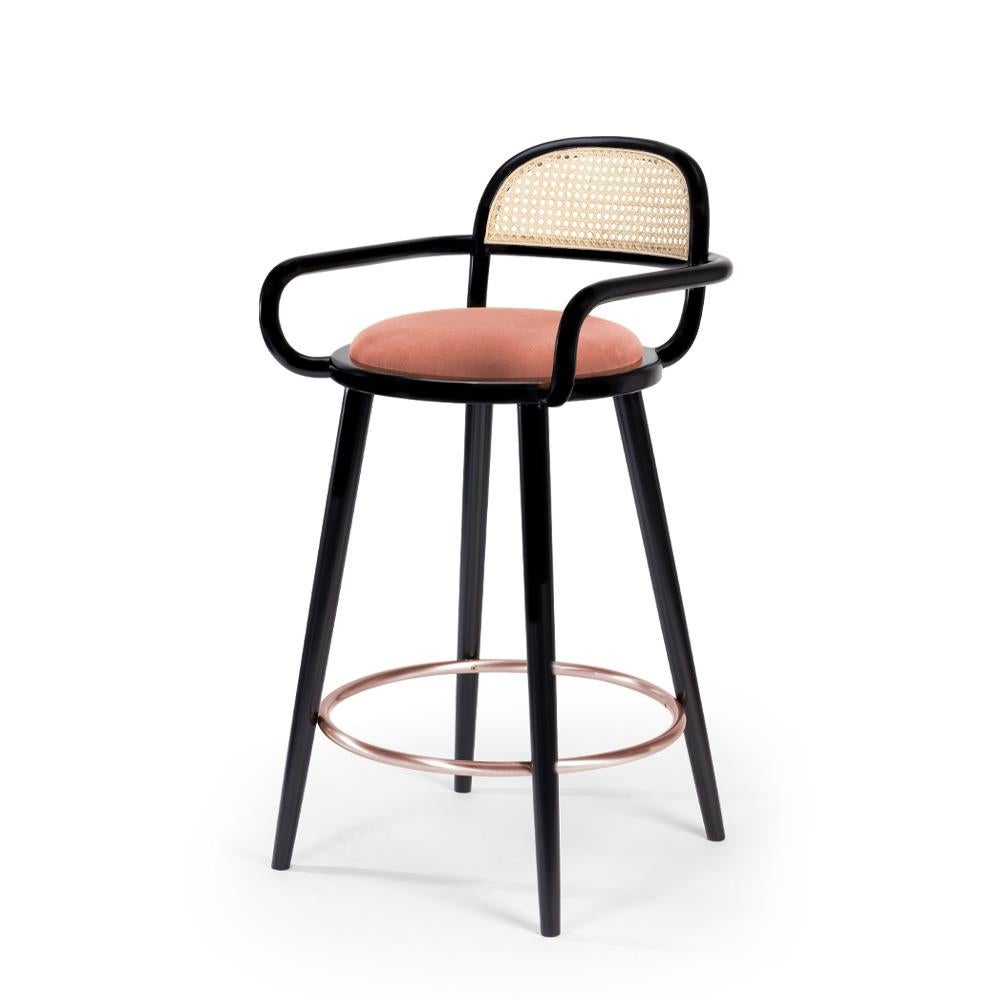 Luc Bar Chair in Solid Wood, Brass and Upholstered Seat For Sale 9