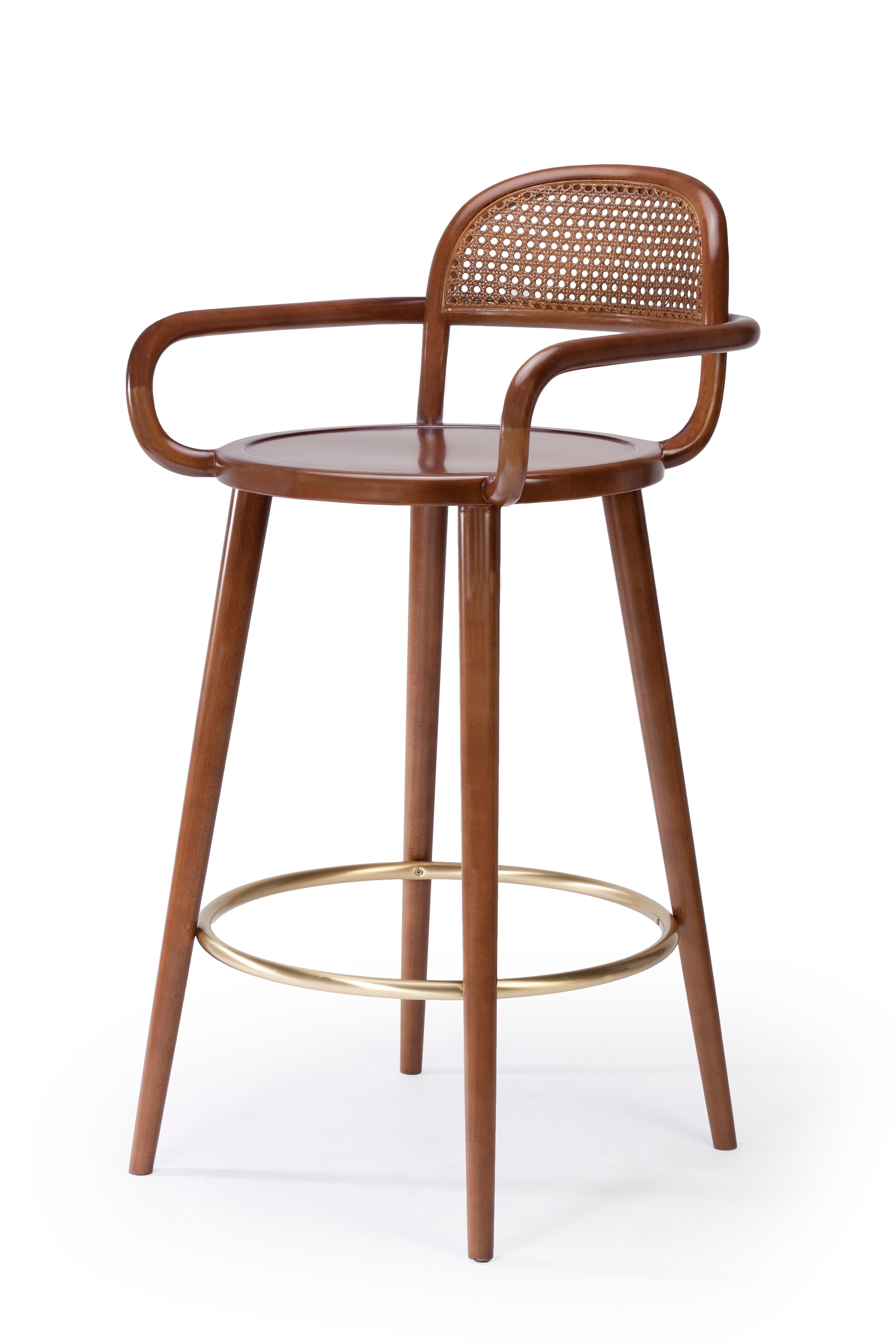 Luc Bar Chair in Solid Wood, Brass and Upholstered Seat For Sale 10