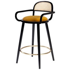 Luc Bar Chair in Solid Wood, Brass and Upholstered Seat