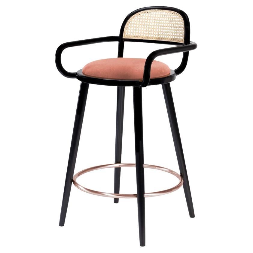 Luc Counter Chair Black Wood Polished Brass Ring and Easy Clean Apricot