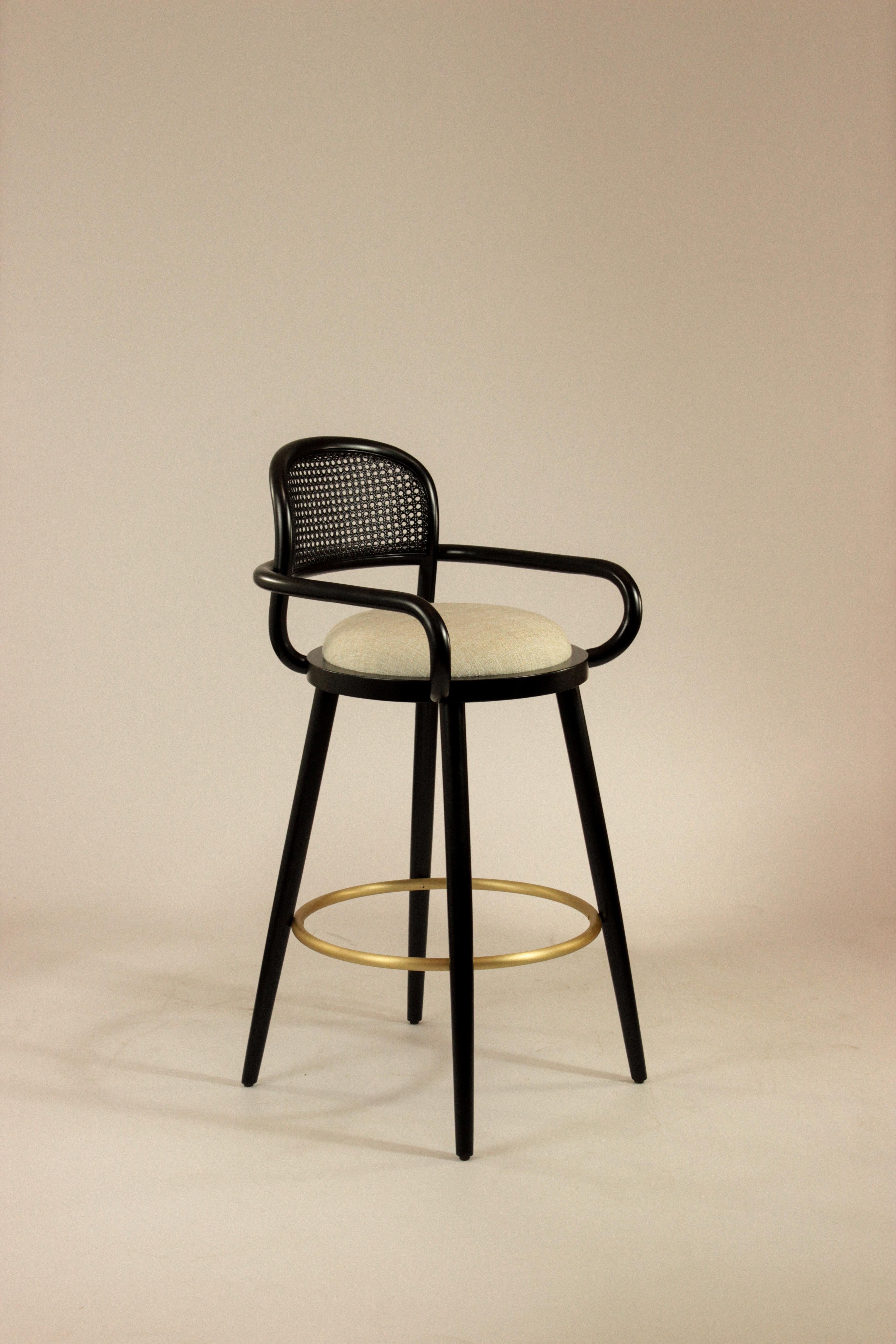 Finishes for this listing: 

- Black wood frame
- Black Rattan Back
- Polished Brass foot rest
- Vienna 20 seat fabric

Made to Order. 

Production time approximately 9 weeks.