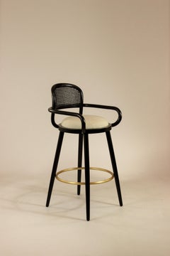 Luc Counter Chair Black Wood Polished Brass Ring and Vienna Fabric Seat
