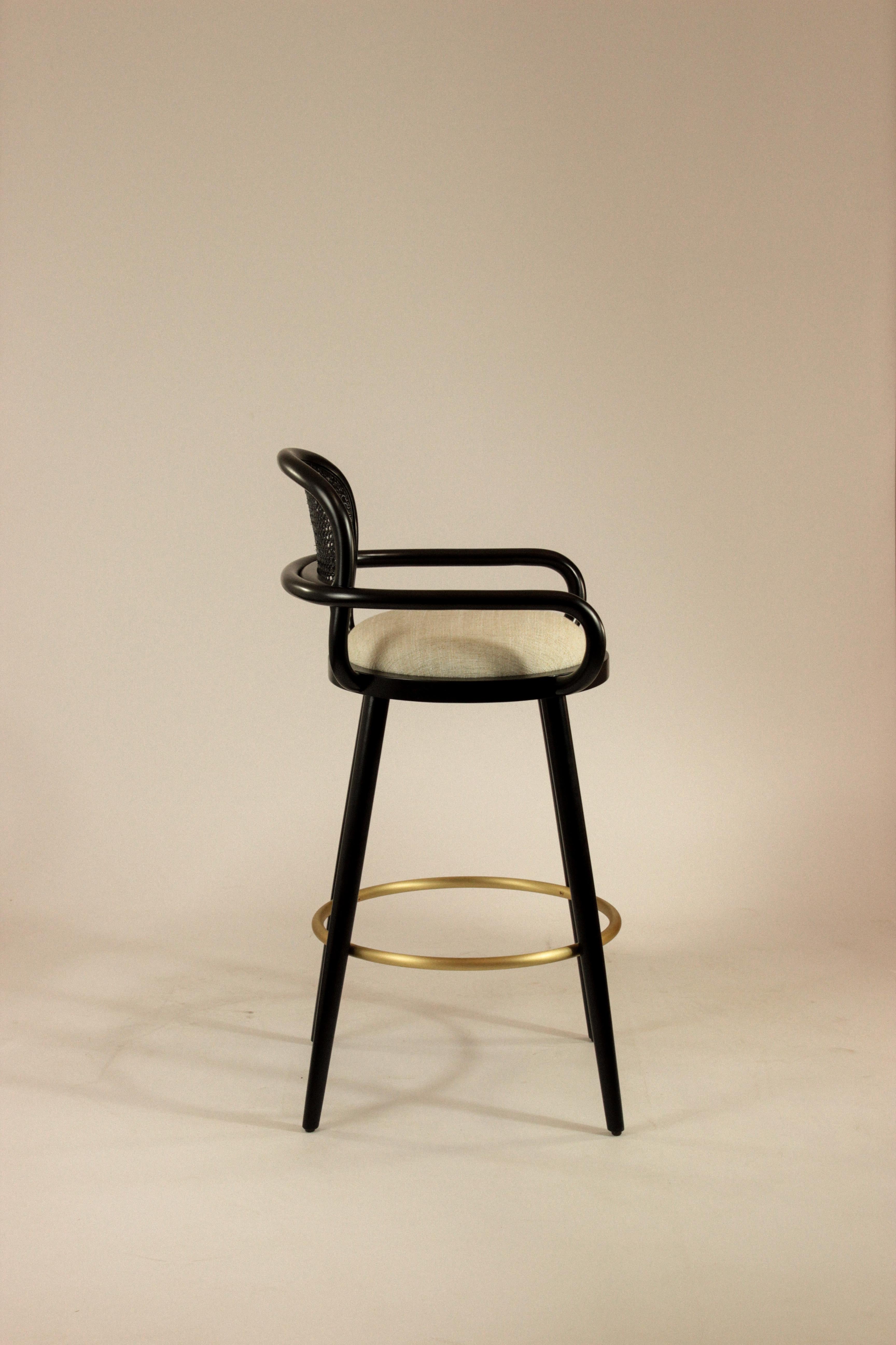 Mid-Century Modern Luc Counter Chair Black Wood Polished Brass Ring and Vienna Fabric Seat For Sale