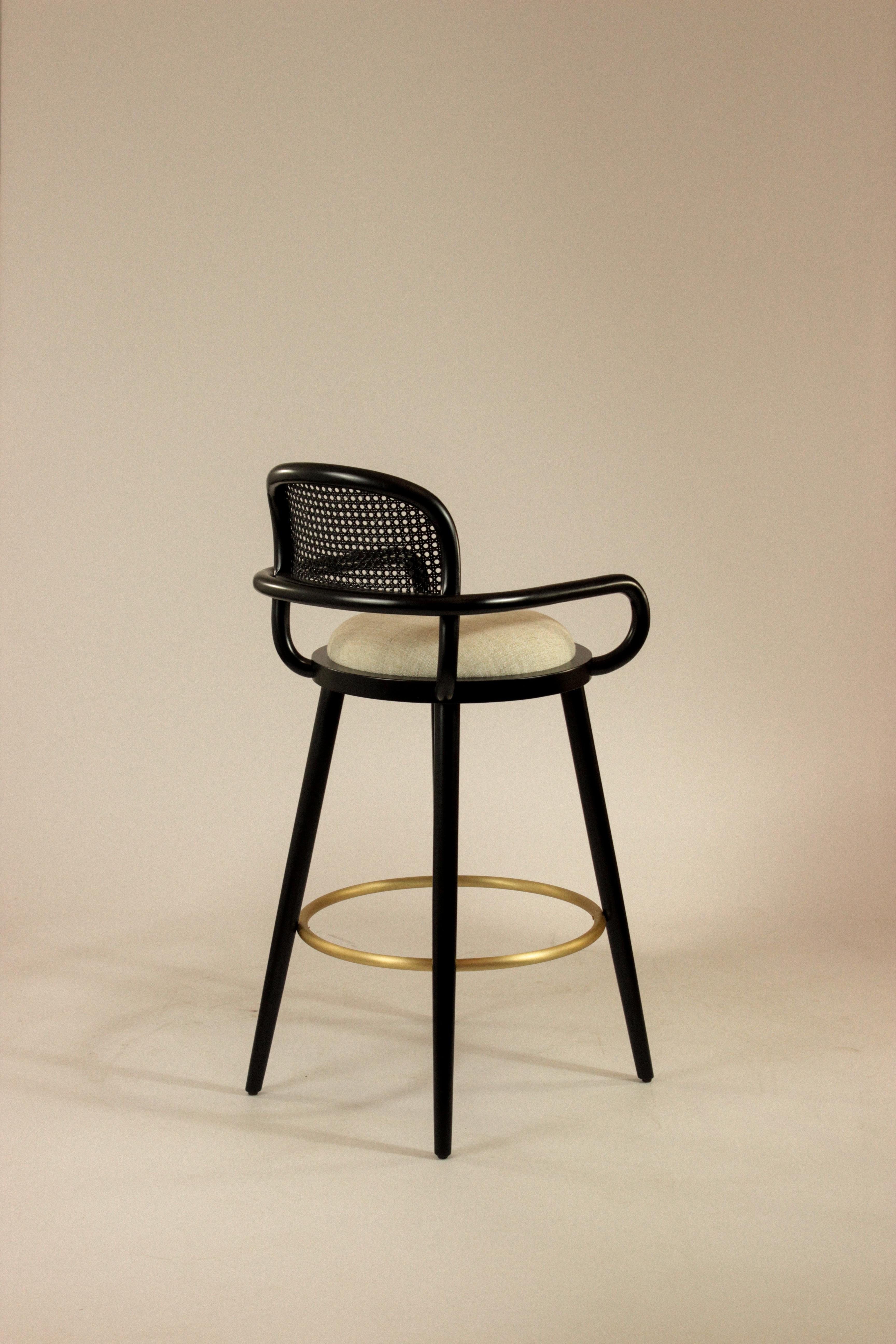Portuguese Luc Counter Chair Black Wood Polished Brass Ring and Vienna Fabric Seat For Sale