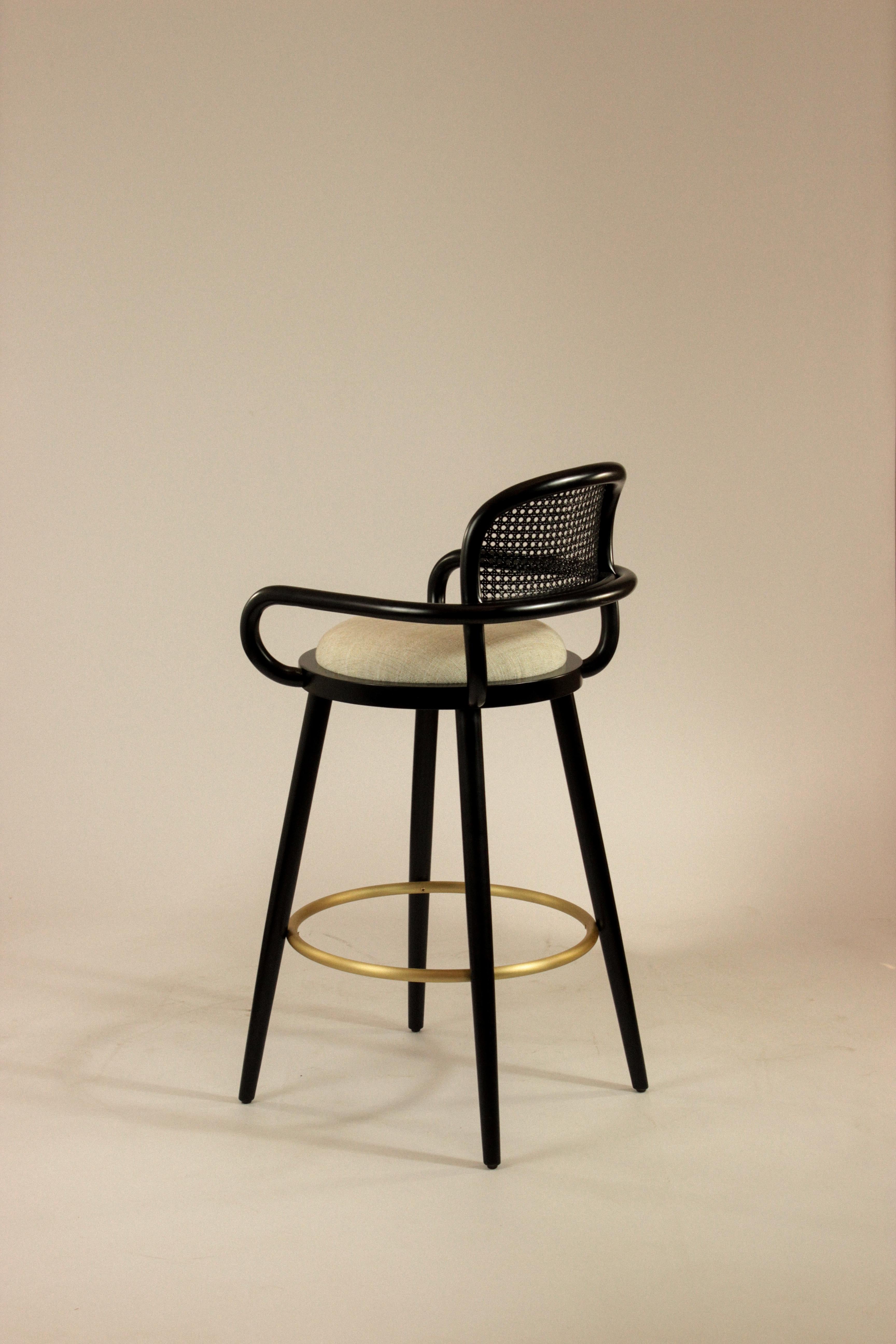 Stained Luc Counter Chair Black Wood Polished Brass Ring and Vienna Fabric Seat For Sale