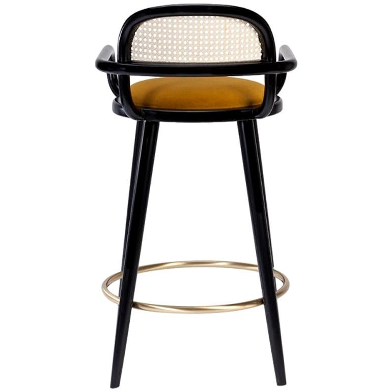 Mid-Century Modern Luc Counter Chair in Black Wood, Brass and Seta Leather Cuoio Seat For Sale